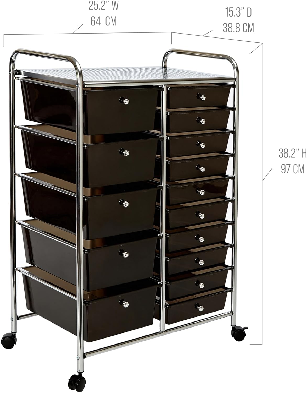 Seville Classics Rolling Utility Organizer Storage Cart , for Home Office, School, Classroom, Scrapbook, Hobby, Craft, 15 Drawer, Black
