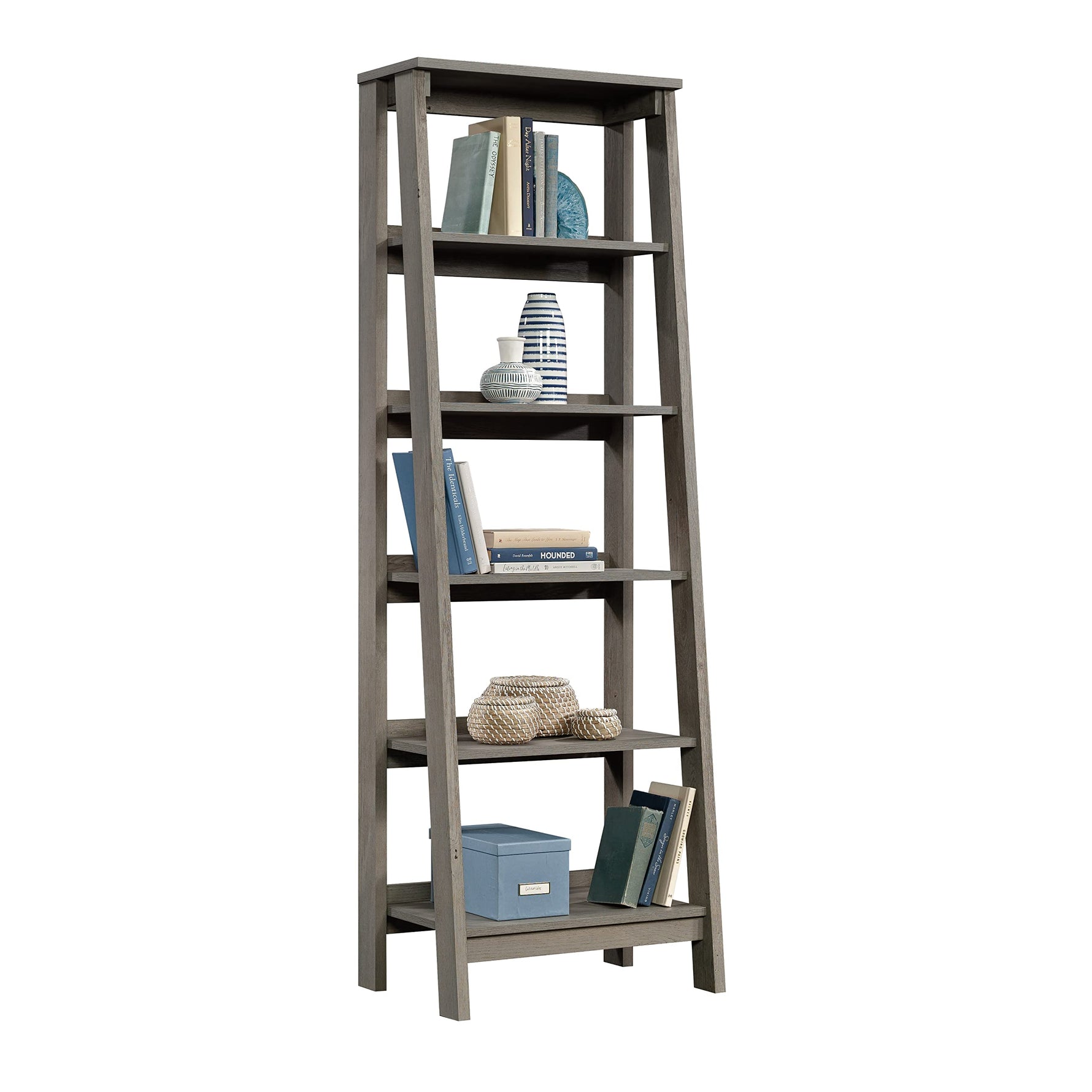 Sauder Ladder Bookshelf 5 Tier Trestle Ladder Shelf Wooden Bookcase, in Jamocha Wood
