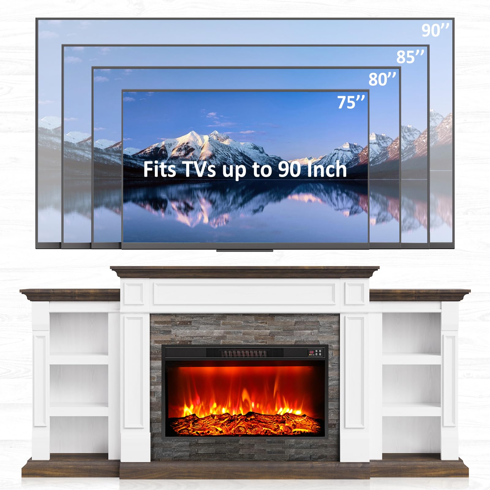 Naice 72" Electric Fireplace with Mantel and Cabinets, Fireplace TV Stand for Living Room Bedroom, Stacked Stone Surround and Remote Control 3D Realistic Flame, Black