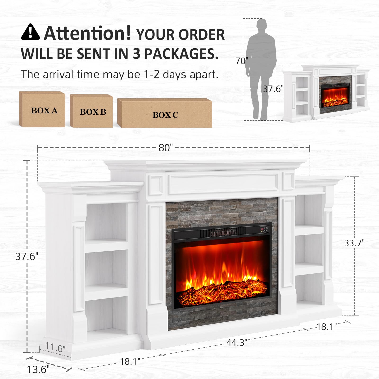 Naice 72" Electric Fireplace with Mantel and Cabinets, Fireplace TV Stand for Living Room Bedroom, Stacked Stone Surround and Remote Control 3D Realistic Flame, Black