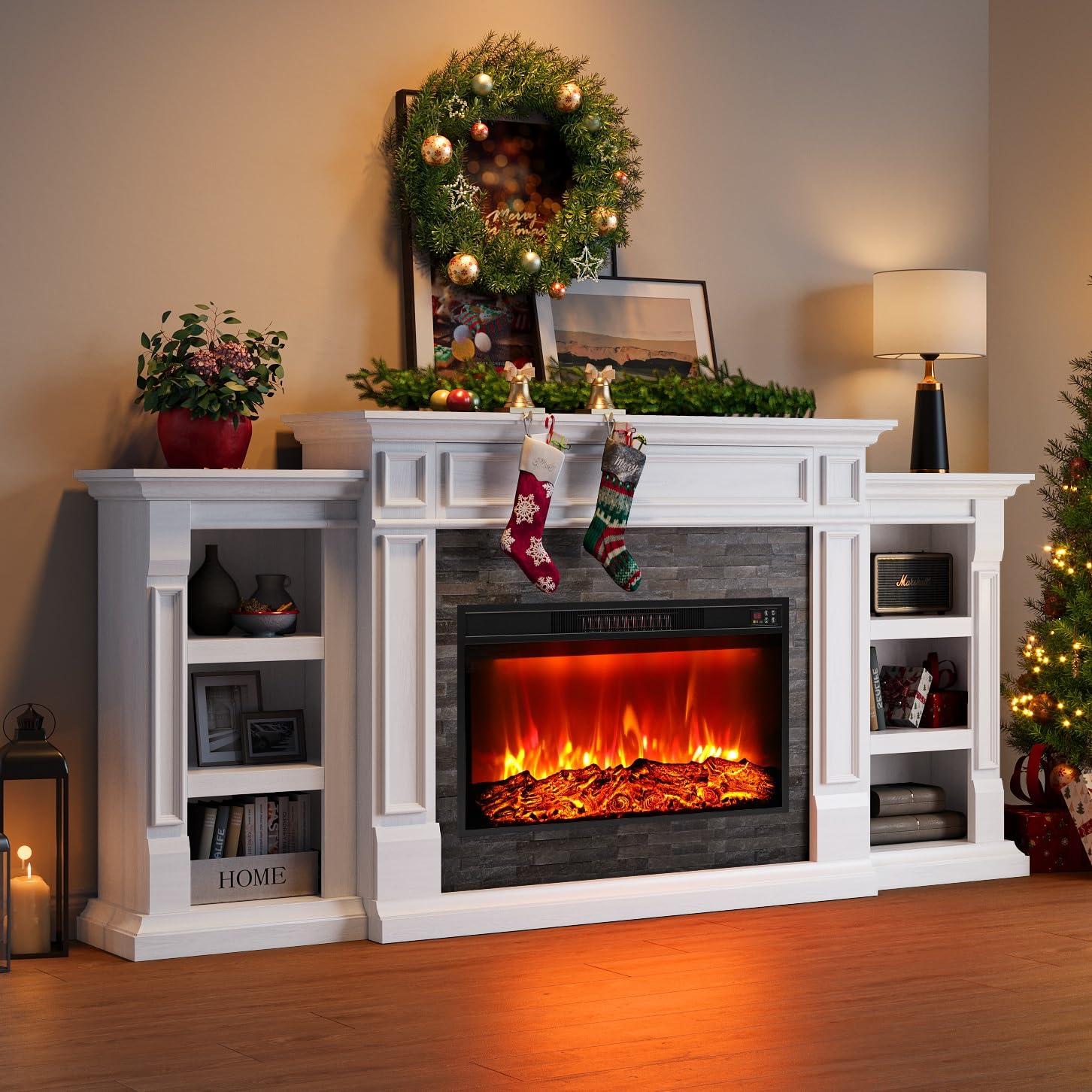 Naice 72" Electric Fireplace with Mantel and Cabinets, Fireplace TV Stand for Living Room Bedroom, Stacked Stone Surround and Remote Control 3D Realistic Flame, Black