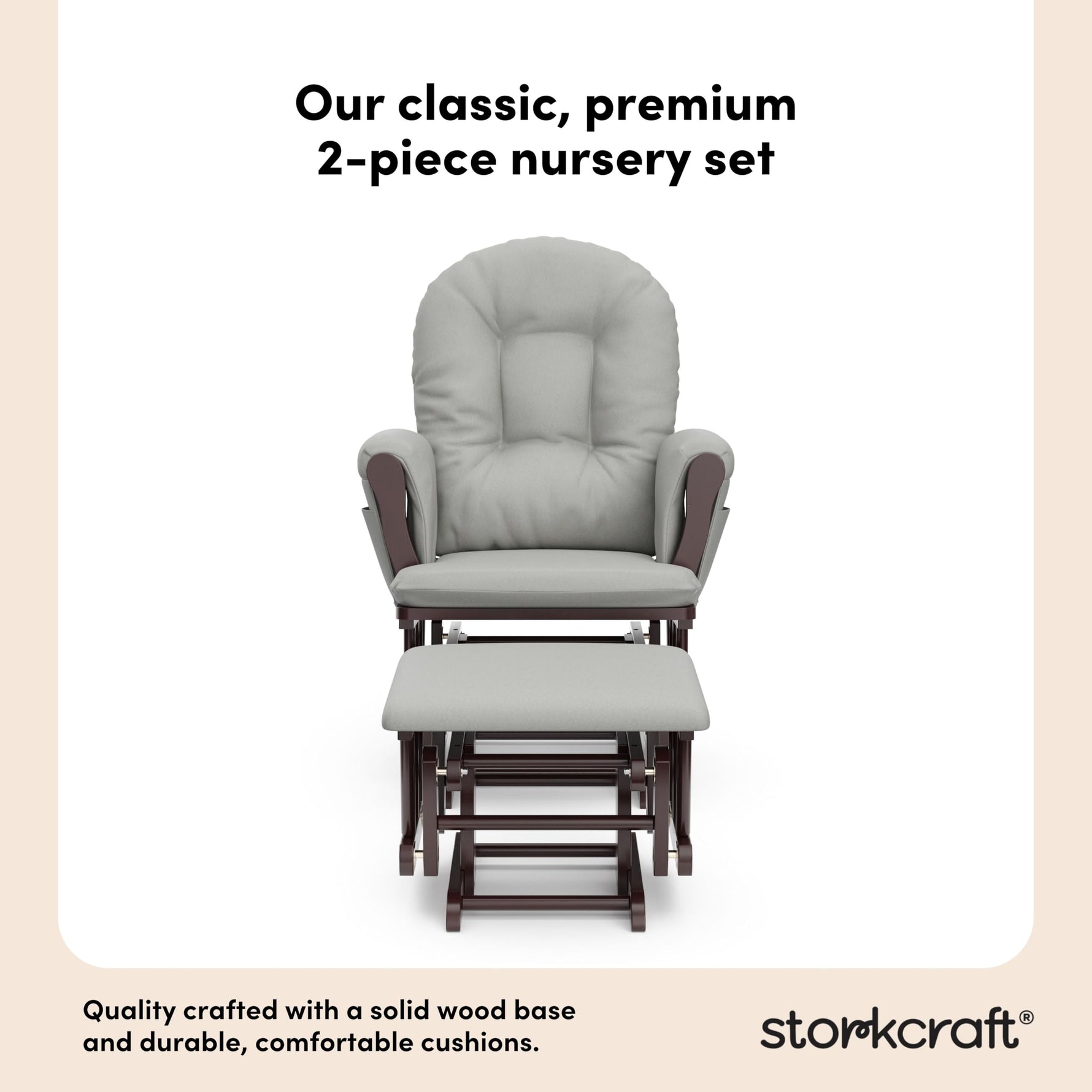 Storkcraft Premium Hoop Glider & Ottoman (Espresso with Beige) — GREENGUARD Gold Certified, Solid Wood Craftsmanship, Convenient Storage Pockets, Glider Rocking Chair for Nursery, Multi-Award-Winning