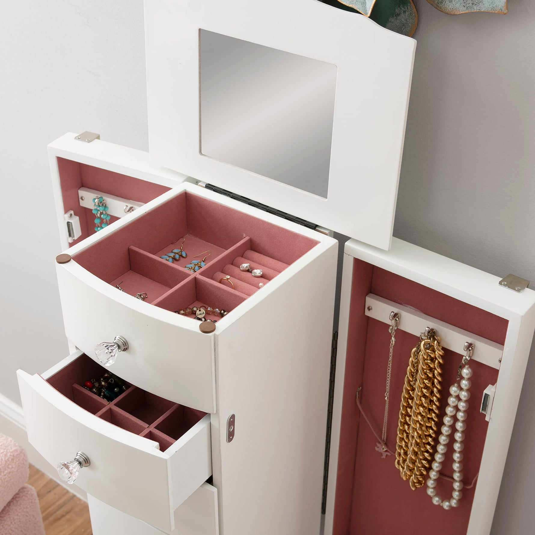 Powell Furniture Jewelry Armoire, White, 13"x 9.375"x 35.5"