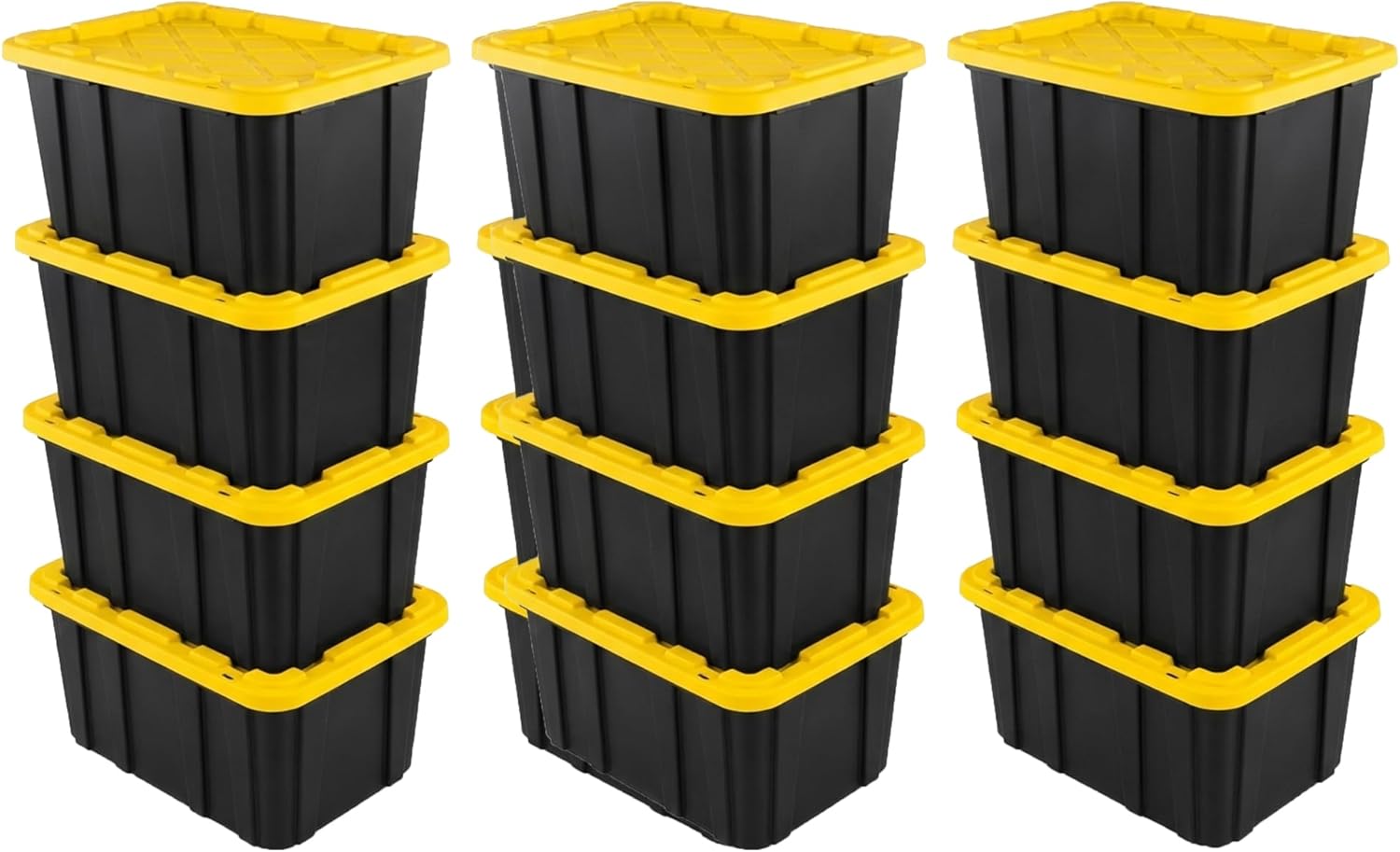 Sterilite Industrial Storage Tote with Lids for Garage, 27 Gallon, 4-Pack | Heavy-Duty and Stackable Utility Box Containers for Home, Office, and Basement Organization, Black/Yellow