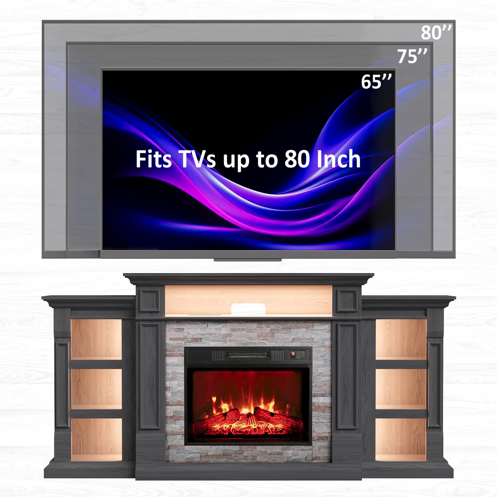 Naice 72" Electric Fireplace with Mantel and Cabinets, Fireplace TV Stand for Living Room Bedroom, Stacked Stone Surround and Remote Control 3D Realistic Flame, Black