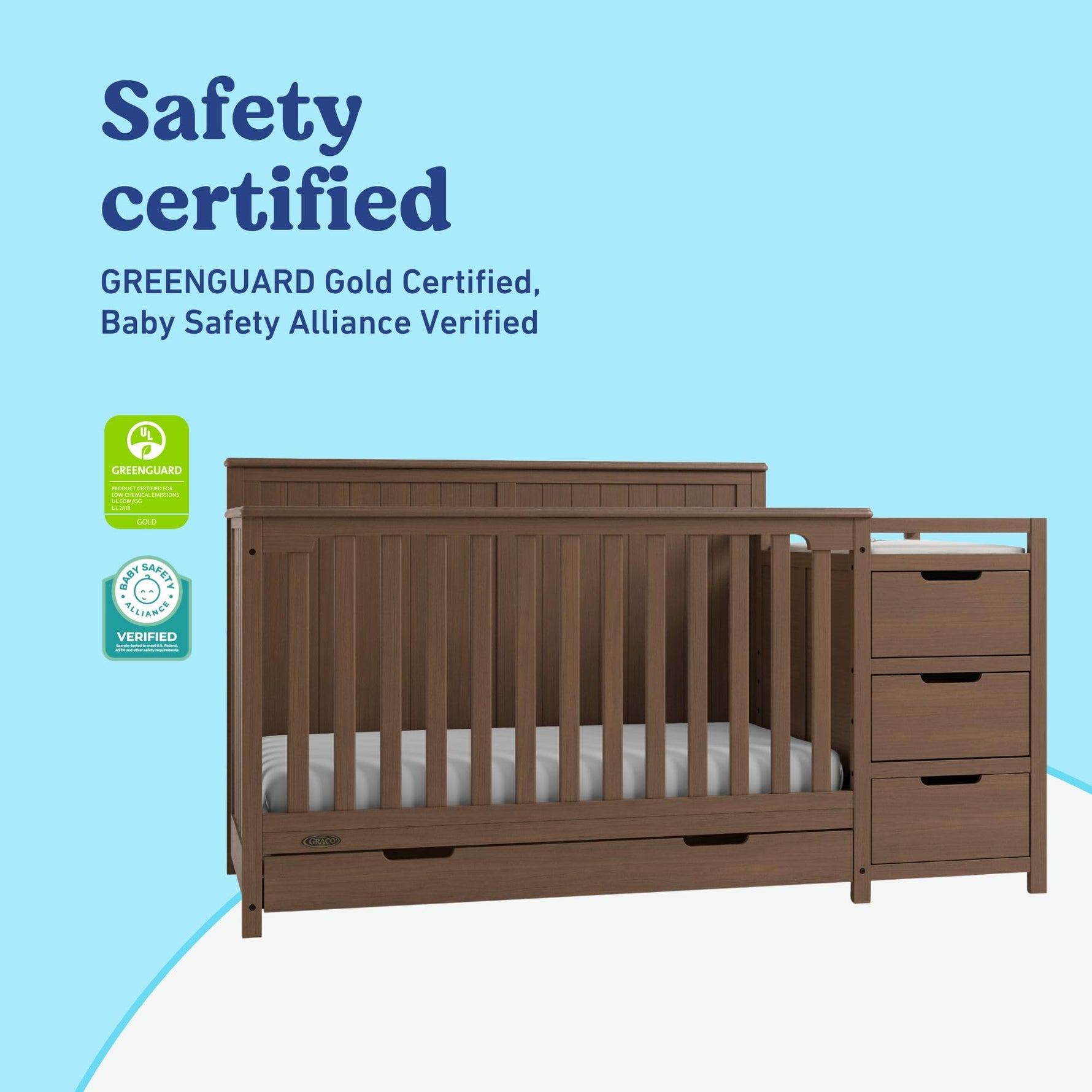 Graco Hadley 5-in-1 Convertible Crib with Drawer – GREENGUARD Gold Certified, Fits Standard Crib Mattress, Converts to Toddler Bed, Daybed and Full Bed, 4 Adjustable Mattress Heights (White)
