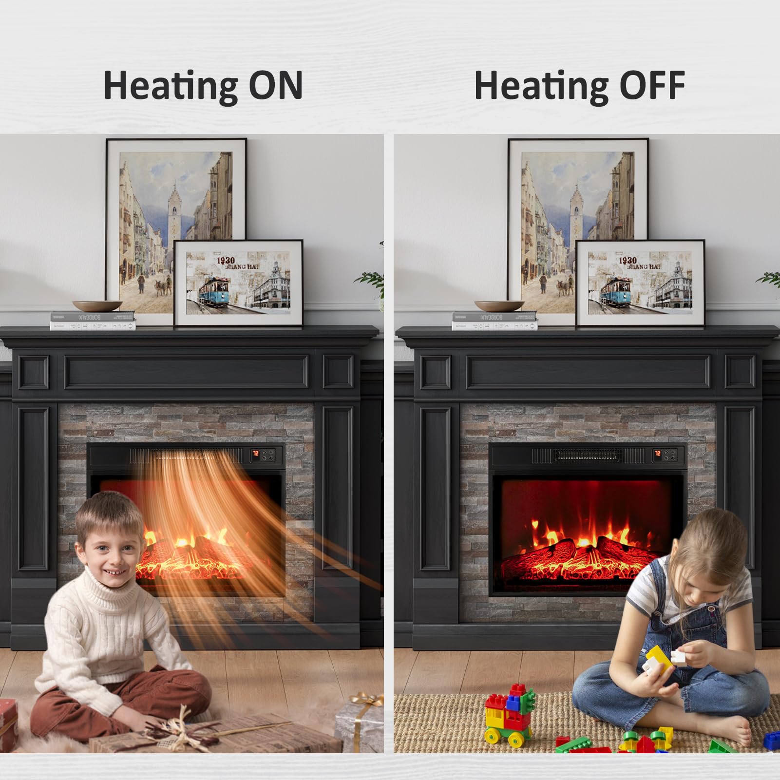 Naice 72" Electric Fireplace with Mantel and Cabinets, Fireplace TV Stand for Living Room Bedroom, Stacked Stone Surround and Remote Control 3D Realistic Flame, Black