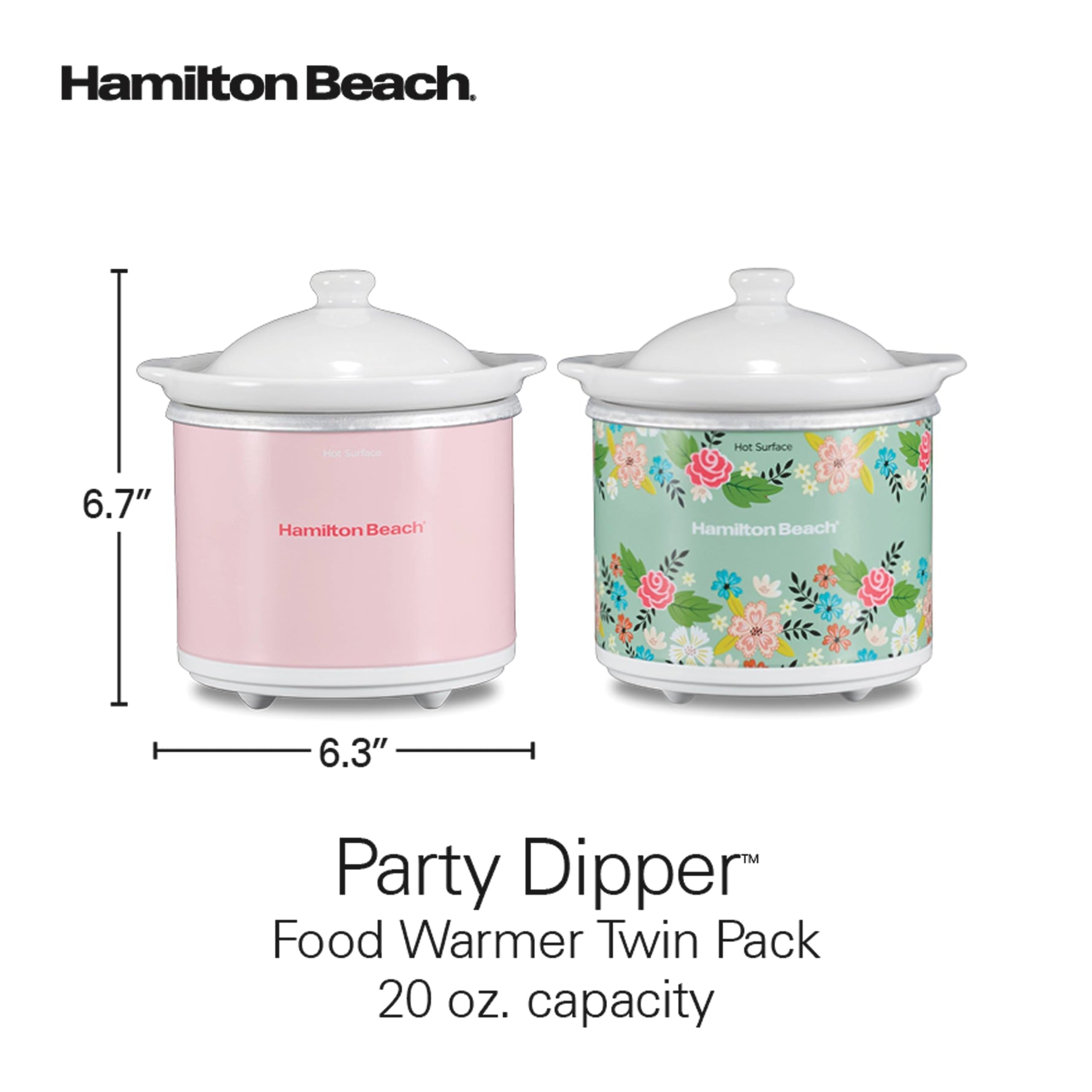 Hamilton Beach Party Dipper Electric Food Warmer Twin Pack, Great for Entertaining and Gifts, 20 oz. Capacity, For Desserts, Dips, Sauces, Cheeses, Solid Pink and Colorful Floral Print (33102)