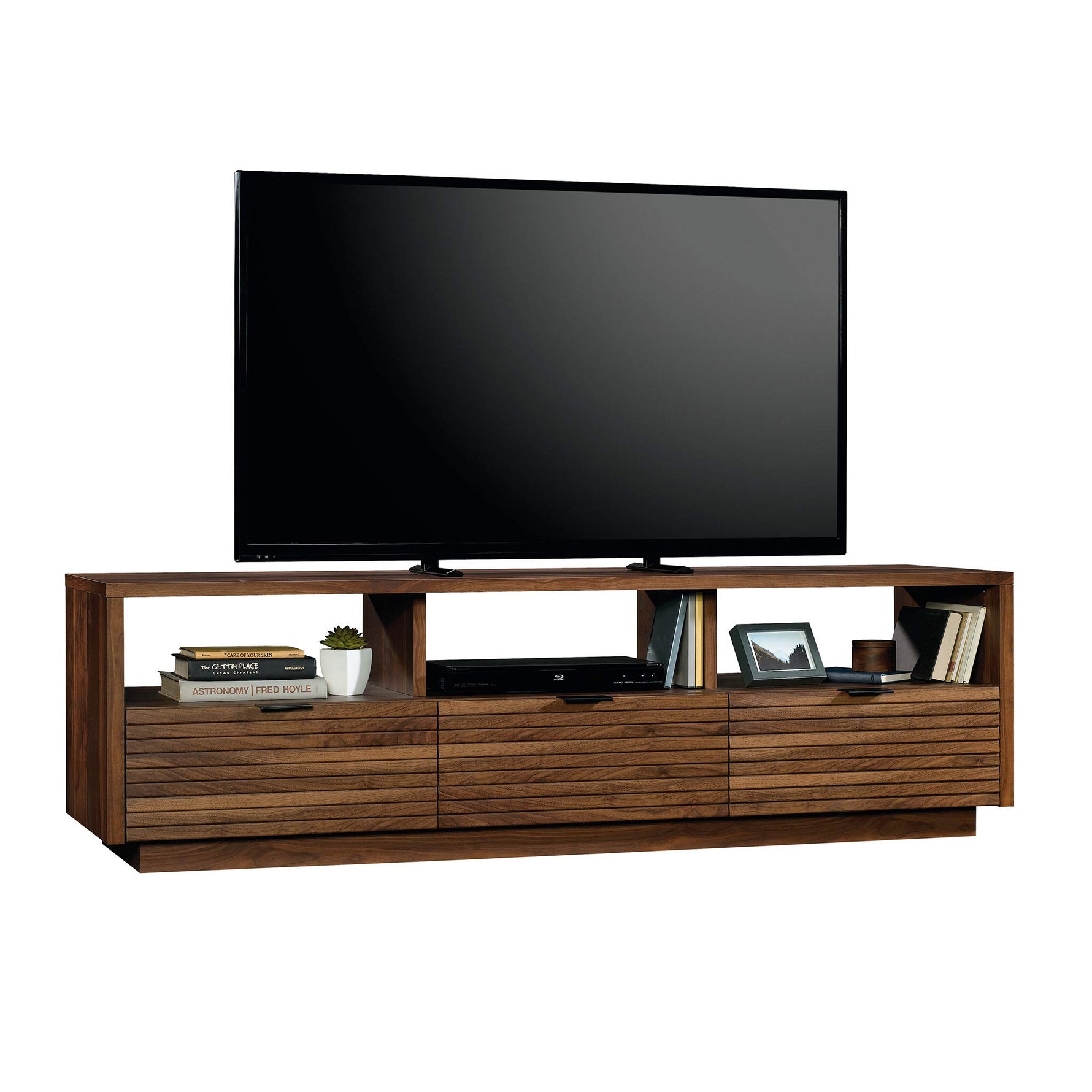 Sauder Harvey Park Modern TV Stand Media Console Credenza with Drawers and Storage Shelves, in Raven Oak