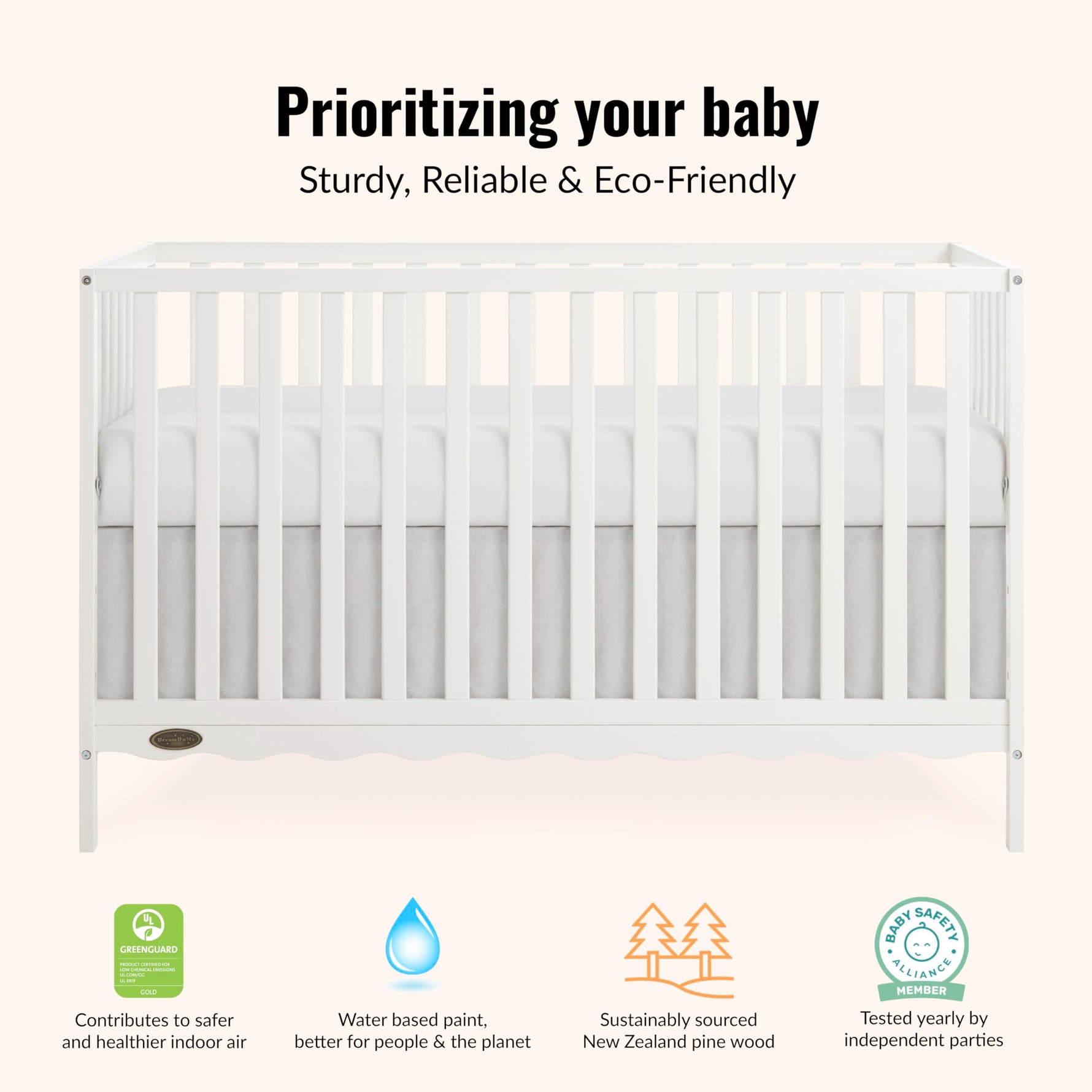 Dream On Me Synergy 5-in-1 Convertible Full-Size Baby Crib with Toddler, Day & Full Bed Conversion in White, GreenGuard Gold & BSA, 3 Mattress Heights, Sustainable Pinewood