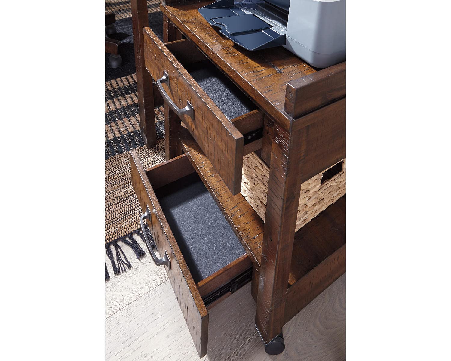 Signature Design by Ashley Baldridge Office Printer Stand, Storage, Electrical Outlets, USB Charing Ports, Wood, 21" W x 18" D x 24.63" H, Brown