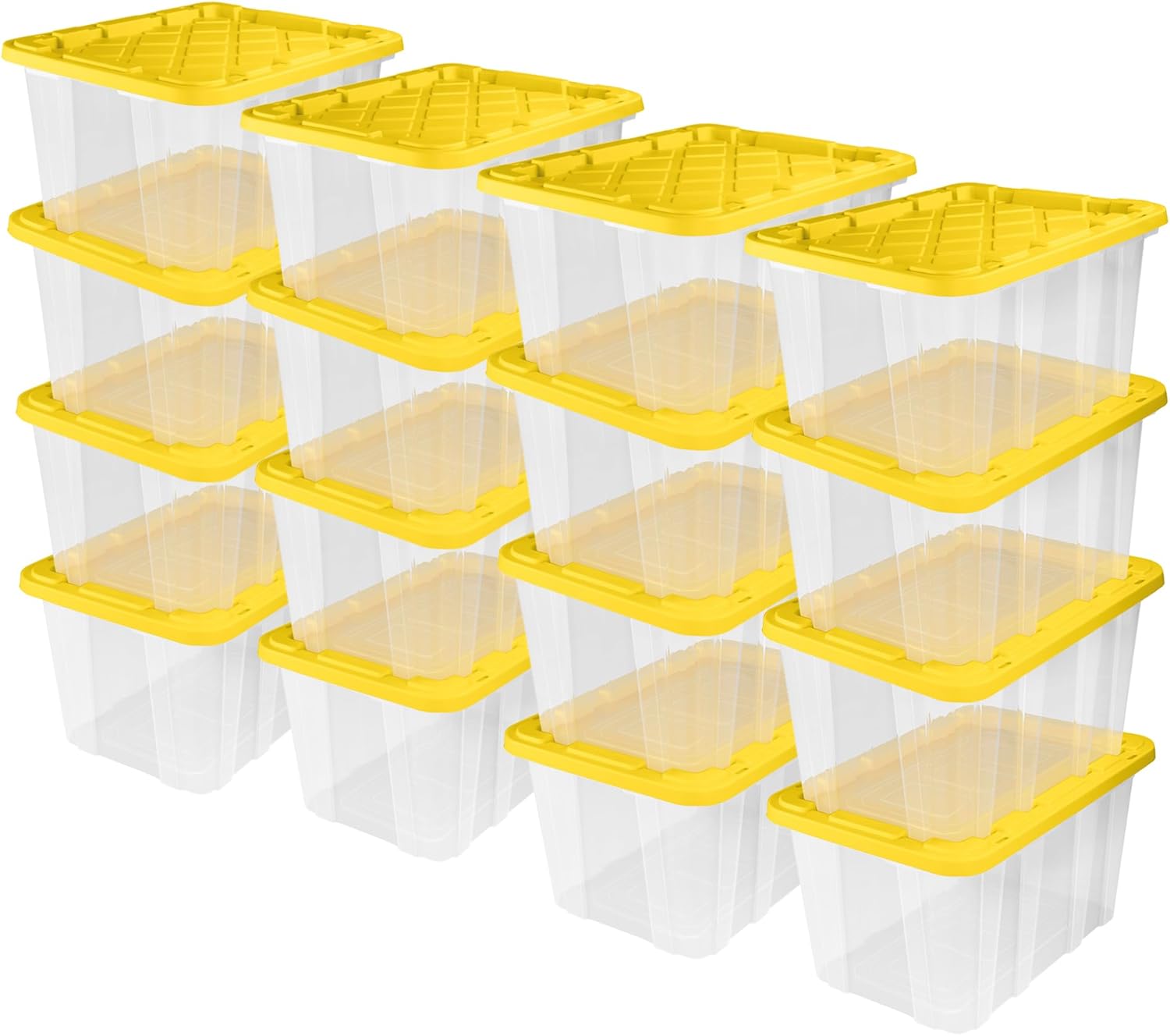 Sterilite Industrial Storage Tote with Lids for Garage, 27 Gallon, 4-Pack | Heavy-Duty and Stackable Utility Box Containers for Home, Office, and Basement Organization, Black/Yellow