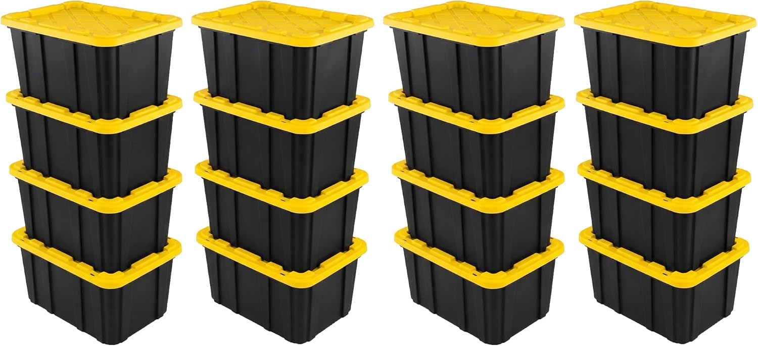 Sterilite Industrial Storage Tote with Lids for Garage, 27 Gallon, 4-Pack | Heavy-Duty and Stackable Utility Box Containers for Home, Office, and Basement Organization, Black/Yellow