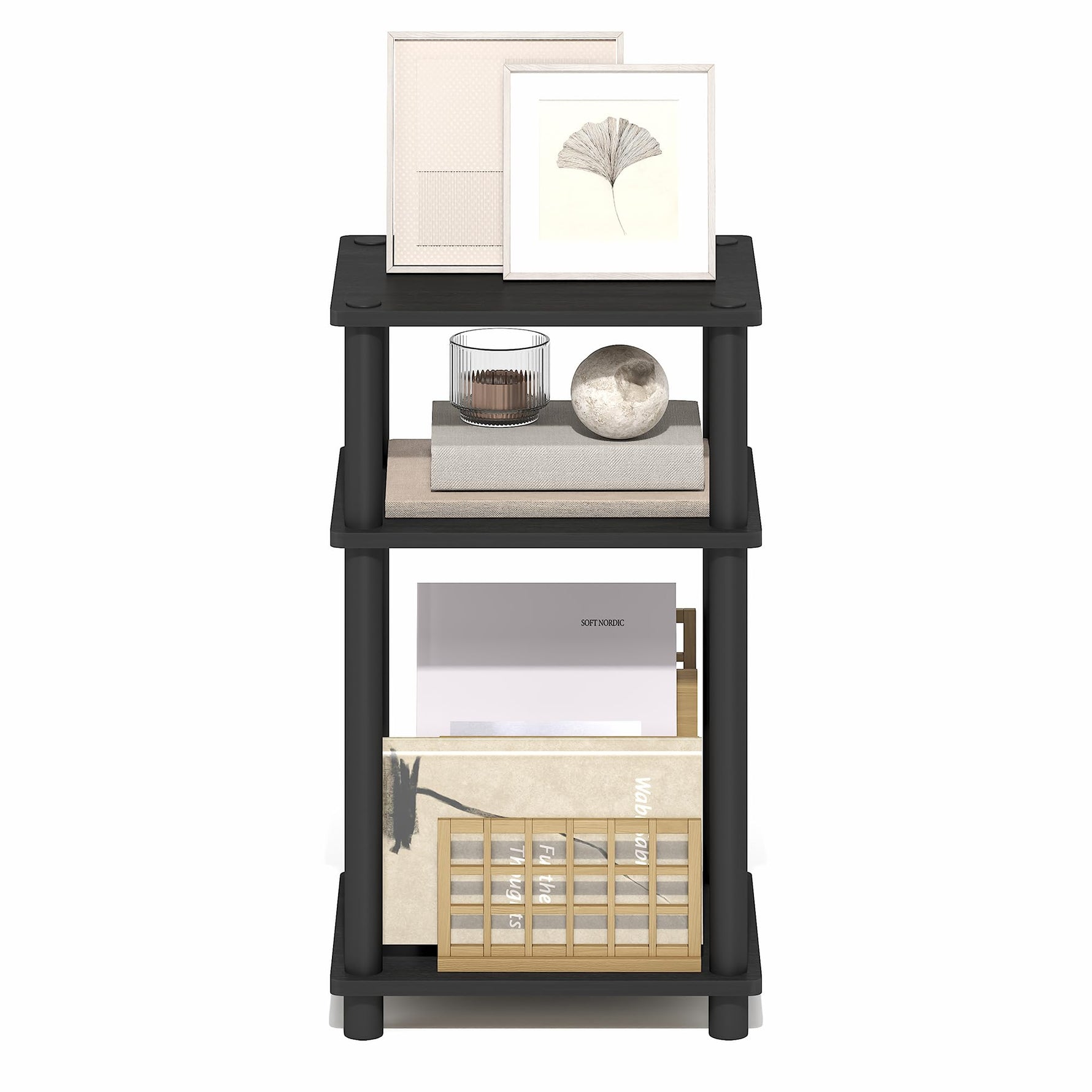 Furinno JUST Side Table, 3-Tier End Table, Open Shelves Night Stand, Bedside Table, Toolless Assembly, for Living Room, Bedroom, Bathroom, Columbia Walnut