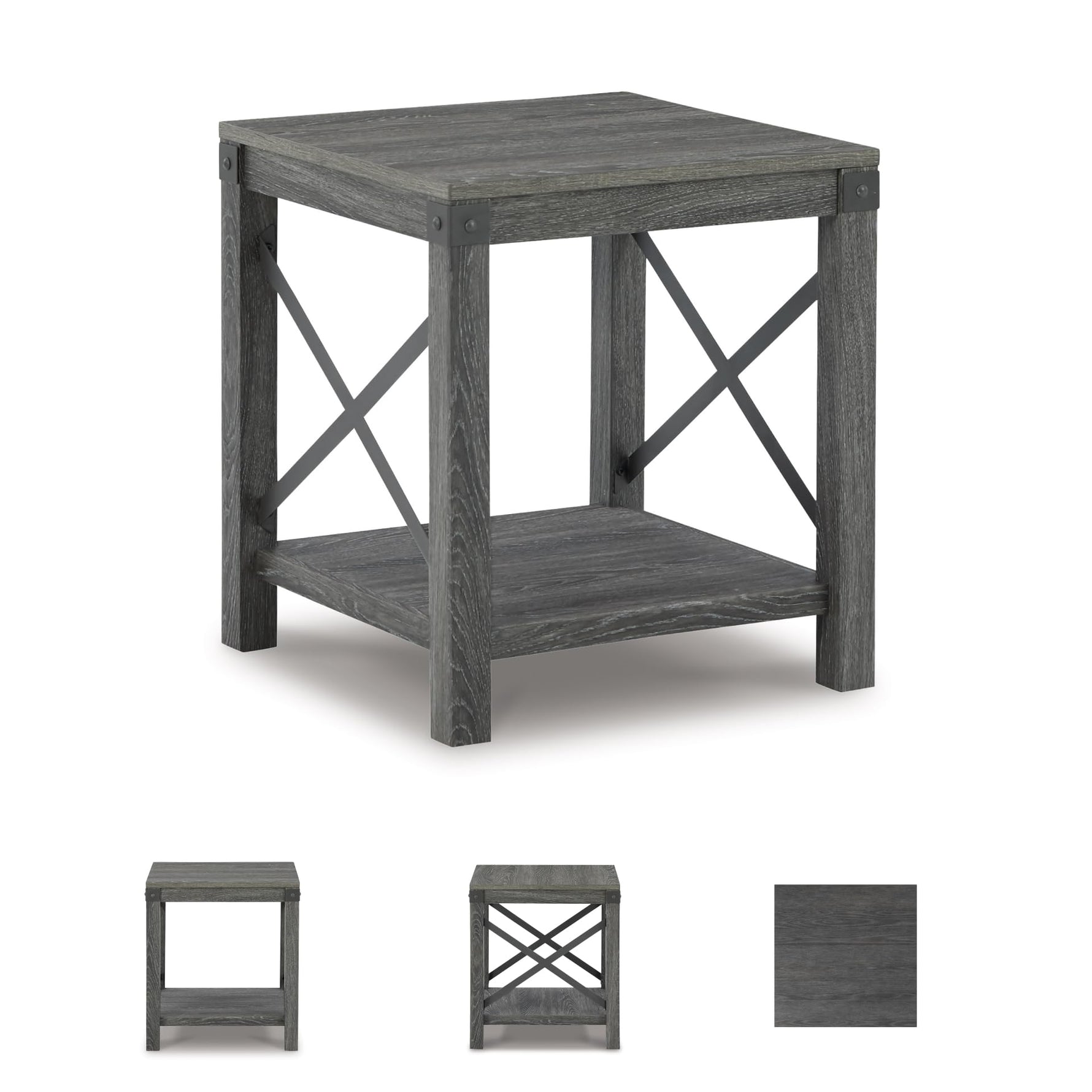 Signature Design by Ashley Aldwin Casual Farmhouse Rectangular End Table with Crossbuck Details, Metal Bracket Accents, Wood, 25" High, Weathered Gray