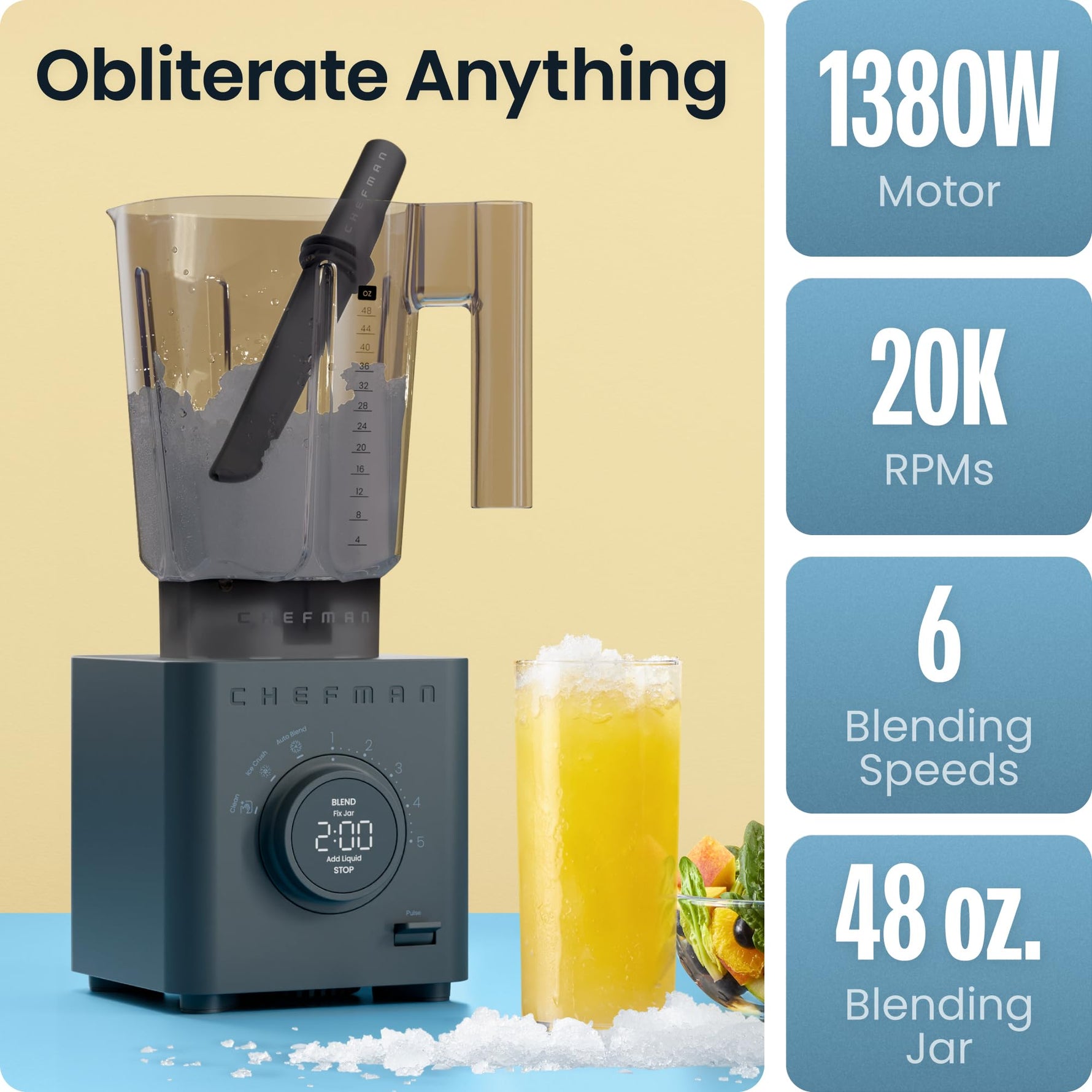 Chefman Obliterator 48 oz Countertop Blender for Smoothies, 1380W Motor to Crush Ice, Nuts, and Frozen Fruit with Stainless Steel Blade, Auto Blend Function, Includes 20 oz Travel Jar