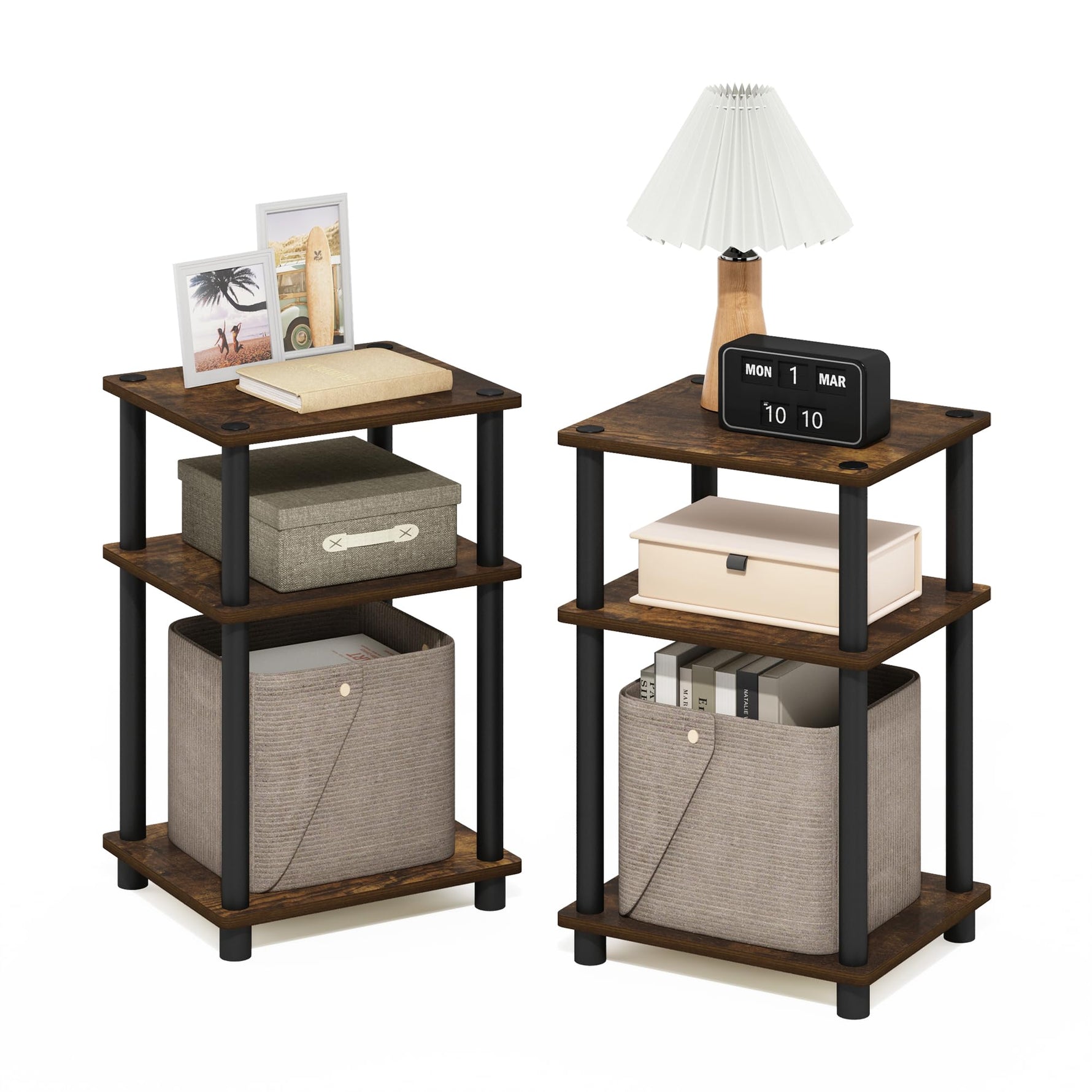Furinno JUST Side Table, 3-Tier End Table, Open Shelves Night Stand, Bedside Table, Toolless Assembly, for Living Room, Bedroom, Bathroom, Columbia Walnut