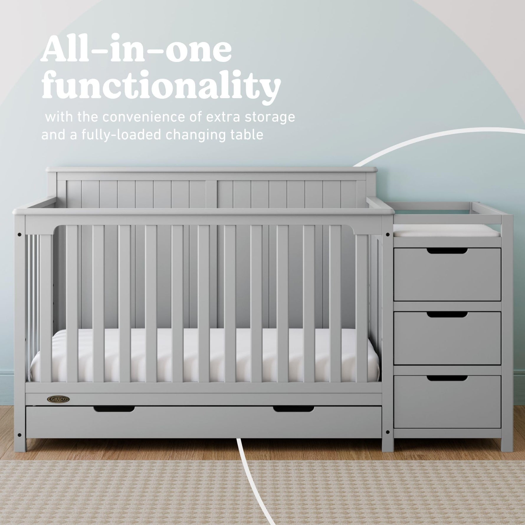 Graco Hadley 5-in-1 Convertible Crib with Drawer – GREENGUARD Gold Certified, Fits Standard Crib Mattress, Converts to Toddler Bed, Daybed and Full Bed, 4 Adjustable Mattress Heights (White)