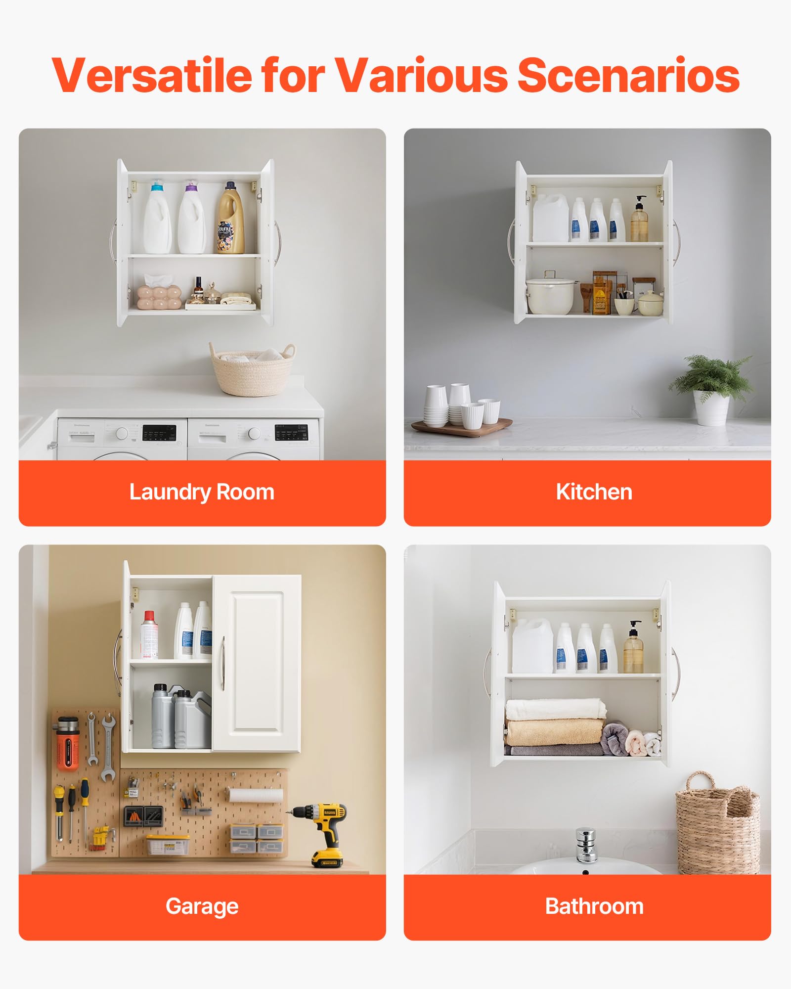 VEVOR Laundry Room Wall Cabinet, 2-Tier Wall Mounted Hanging Cabinet with Adjustable Shelf, Cupboard Storage with 2 Doors, for Kitchen, Bathroom, Laundry, 11.8 x 23.6 x 23.6 in (D x W x H), White