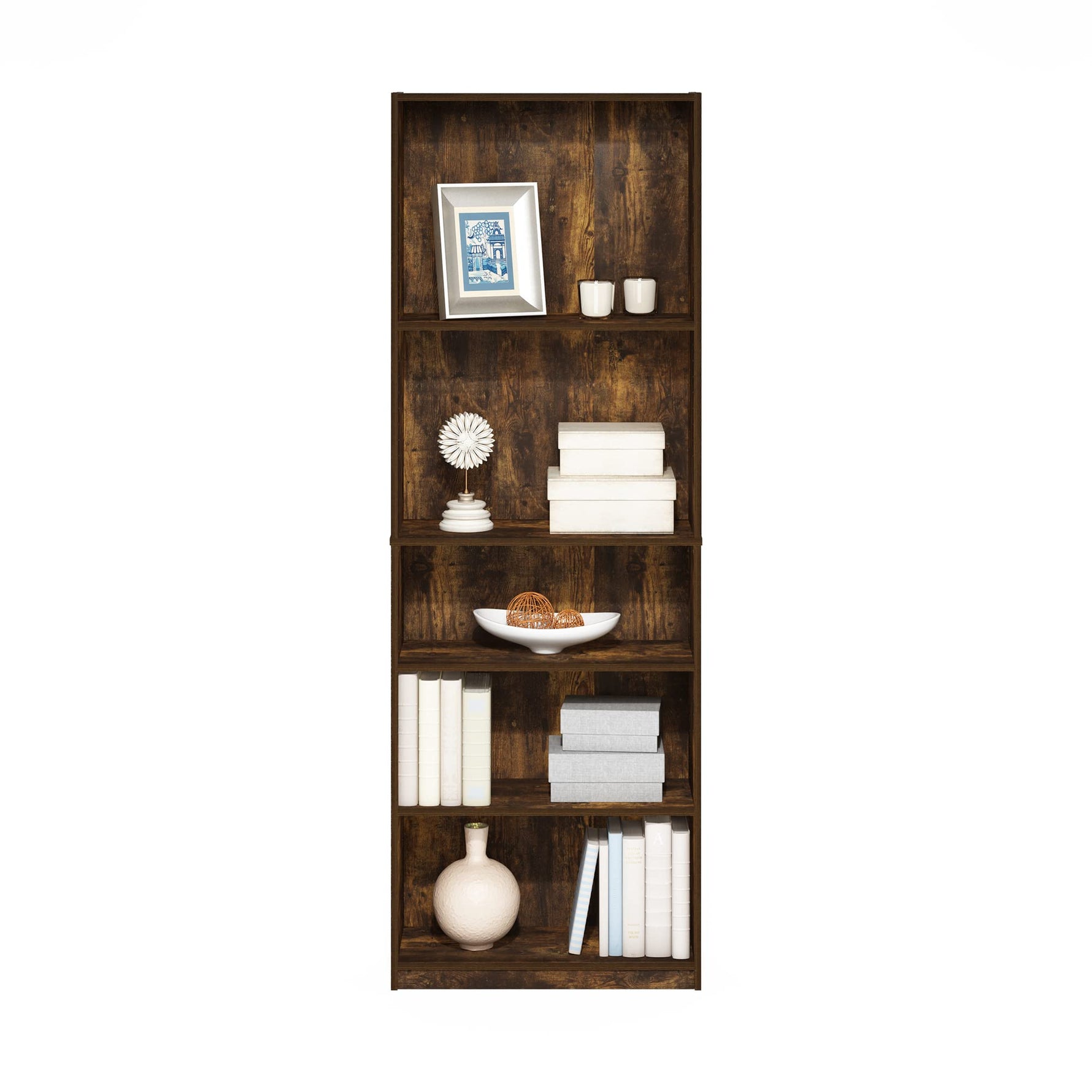Furinno Jaya Book Shelf, 5-Tier Bookshelf, Bookcase with Adjustable Shelves, 9.5 x 24.5 x 71.2, for Organization and Storage, for Living Room, Bedroom, Home Office, Blackwood