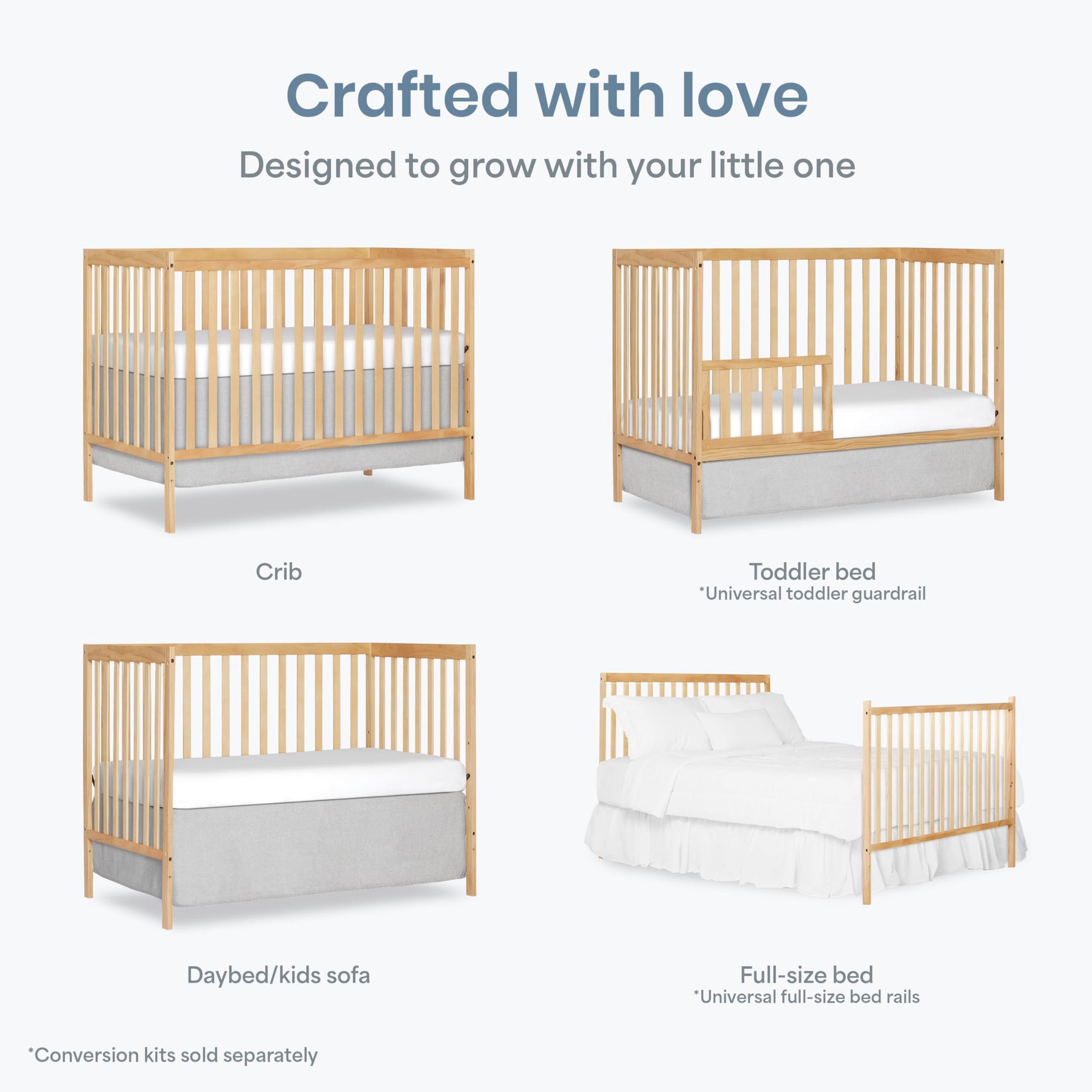 Dream On Me Synergy 5-in-1 Convertible Full-Size Baby Crib with Toddler, Day & Full Bed Conversion in White, GreenGuard Gold & BSA, 3 Mattress Heights, Sustainable Pinewood