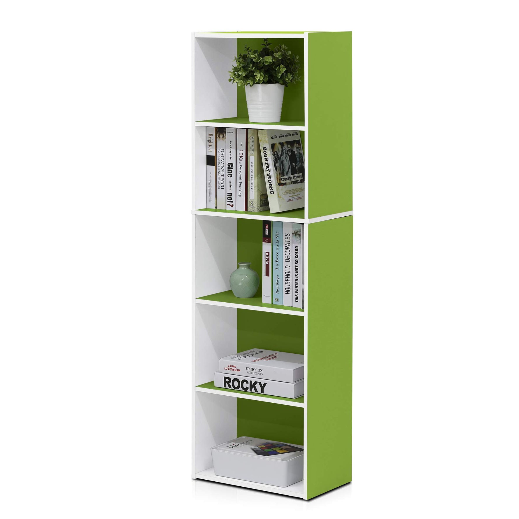 Furinno LUDER Book Shelf, 5-Cube Bookshelf, Reversible Bookcase, 9.4 x 19.5 x 31.5, Easy Assembly, for Living Room, Bedroom, Home Office, White