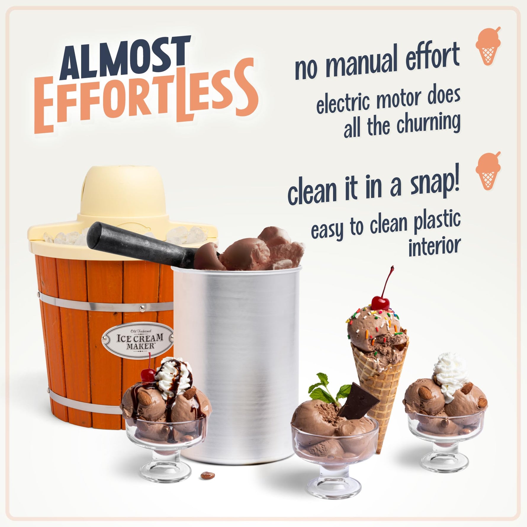 Nostalgia Electric Ice Cream Maker - Old Fashioned Soft Serve Ice Cream Machine Makes Frozen Yogurt or Gelato in Minutes - Fun Kitchen Appliance - Vintage Wooden Style - Dark Wood - 4 Quart