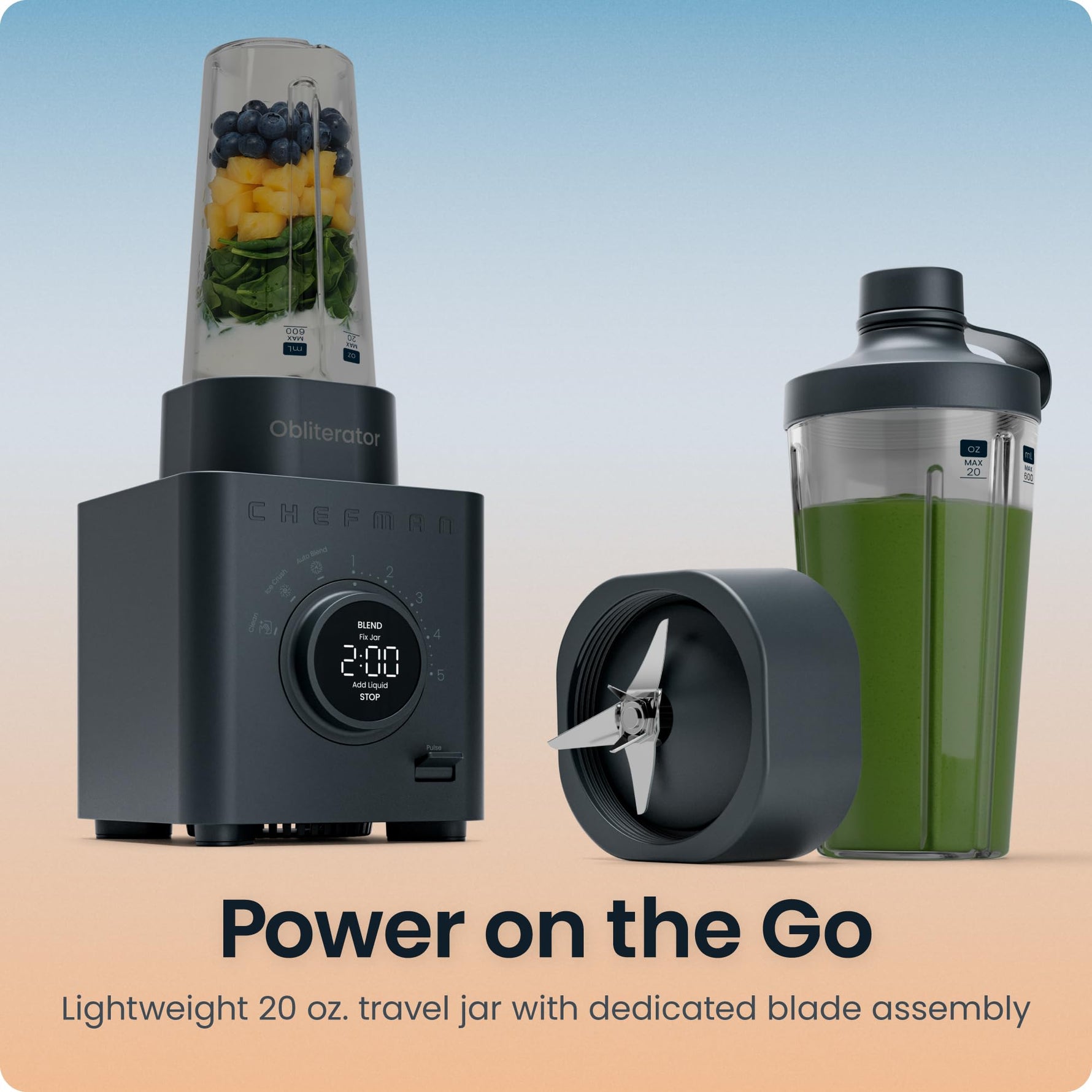 Chefman Obliterator 48 oz Countertop Blender for Smoothies, 1380W Motor to Crush Ice, Nuts, and Frozen Fruit with Stainless Steel Blade, Auto Blend Function, Includes 20 oz Travel Jar