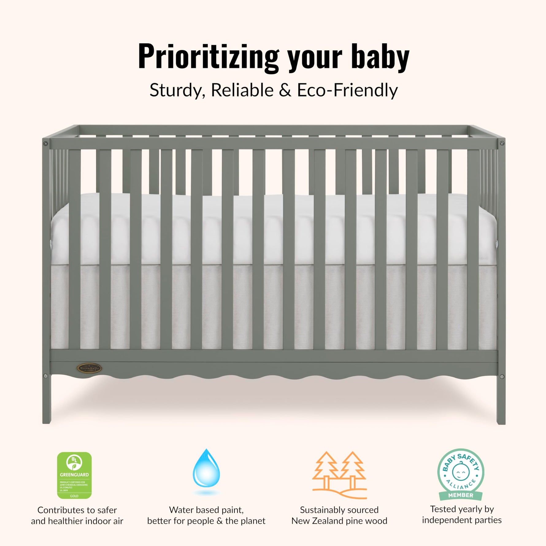 Dream On Me Synergy 5-in-1 Convertible Full-Size Baby Crib with Toddler, Day & Full Bed Conversion in White, GreenGuard Gold & BSA, 3 Mattress Heights, Sustainable Pinewood
