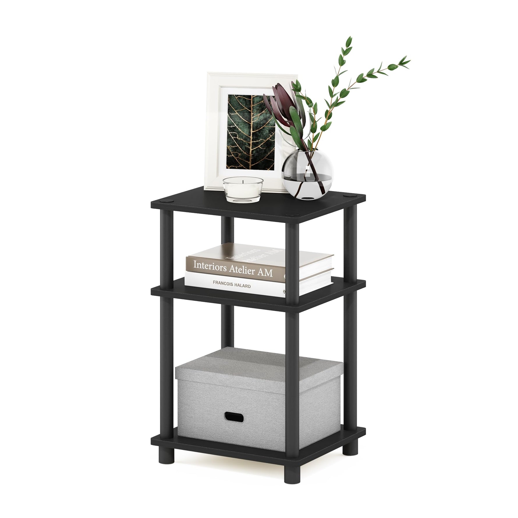 Furinno JUST Side Table, 3-Tier End Table, Open Shelves Night Stand, Bedside Table, Toolless Assembly, for Living Room, Bedroom, Bathroom, Columbia Walnut
