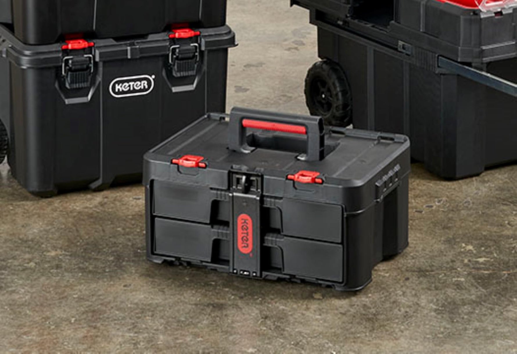 Keter Stack-n-Roll 3-Piece Rolling Tool Storage System – Includes Dolly, Tool Box & Deep Power Tool Case | Modular Mobile Tool Organizer | Stackable Design for Garage, Jobsite & Workshop