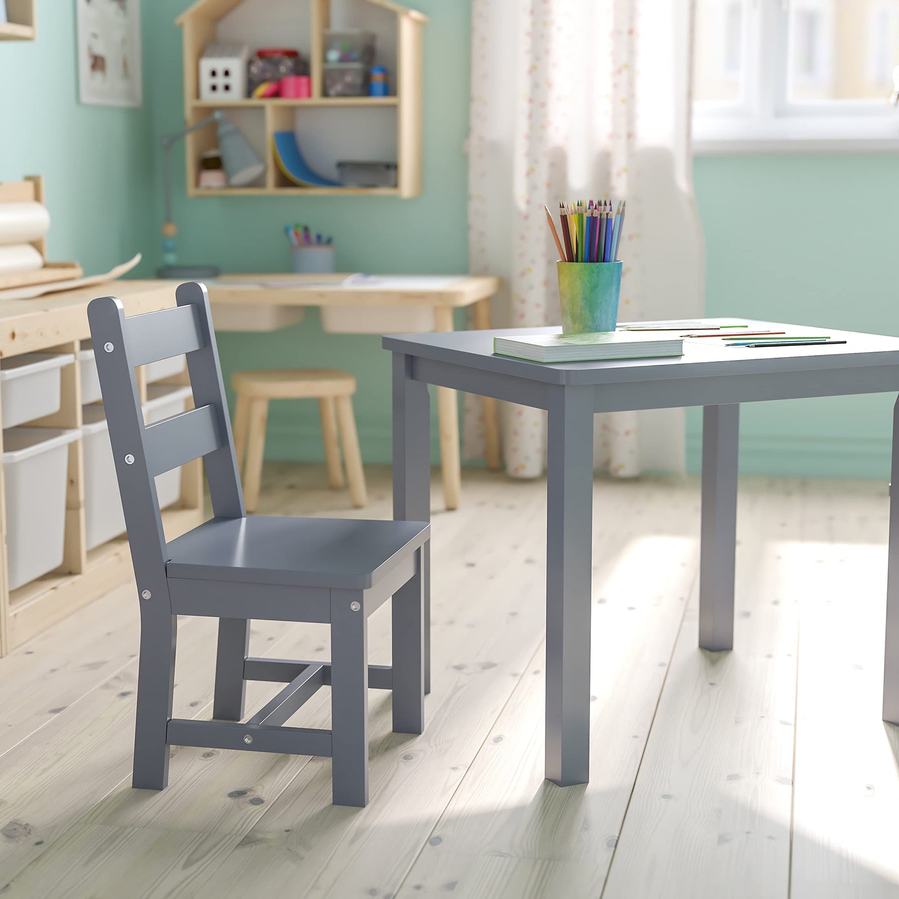 Flash Furniture Kyndl Kids Solid Hardwood Table and Chair Set for Playroom, Bedroom, Kitchen - 3 Piece Set - Natural