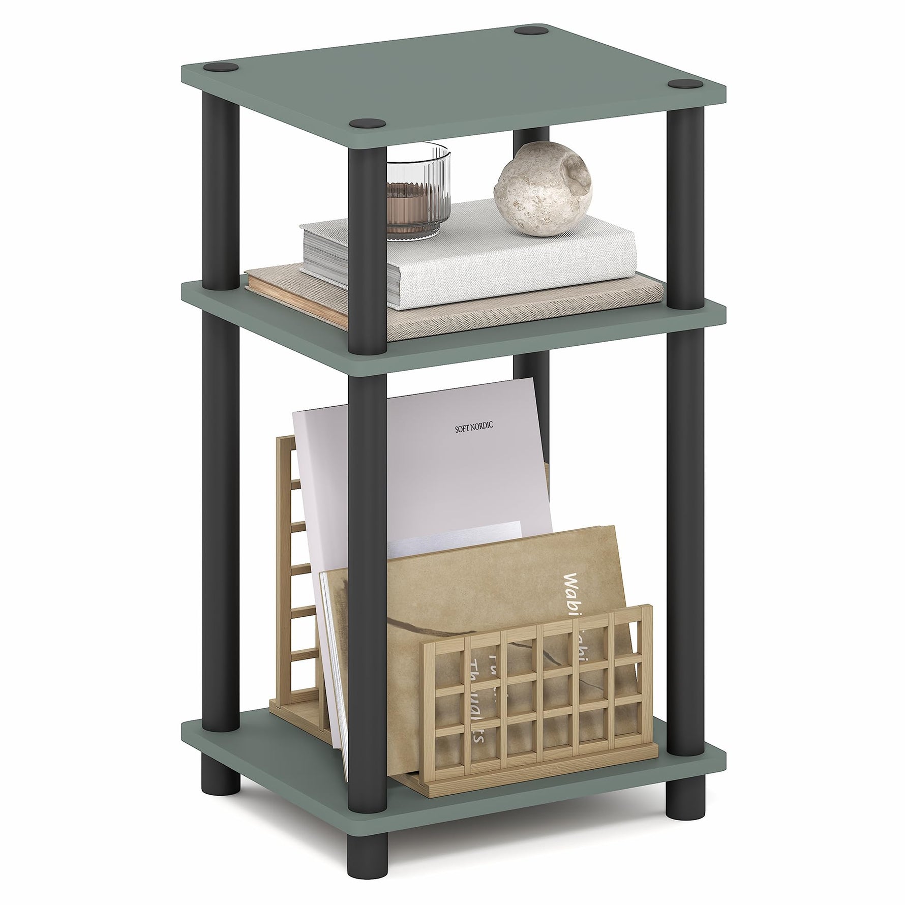 Furinno JUST Side Table, 3-Tier End Table, Open Shelves Night Stand, Bedside Table, Toolless Assembly, for Living Room, Bedroom, Bathroom, Columbia Walnut