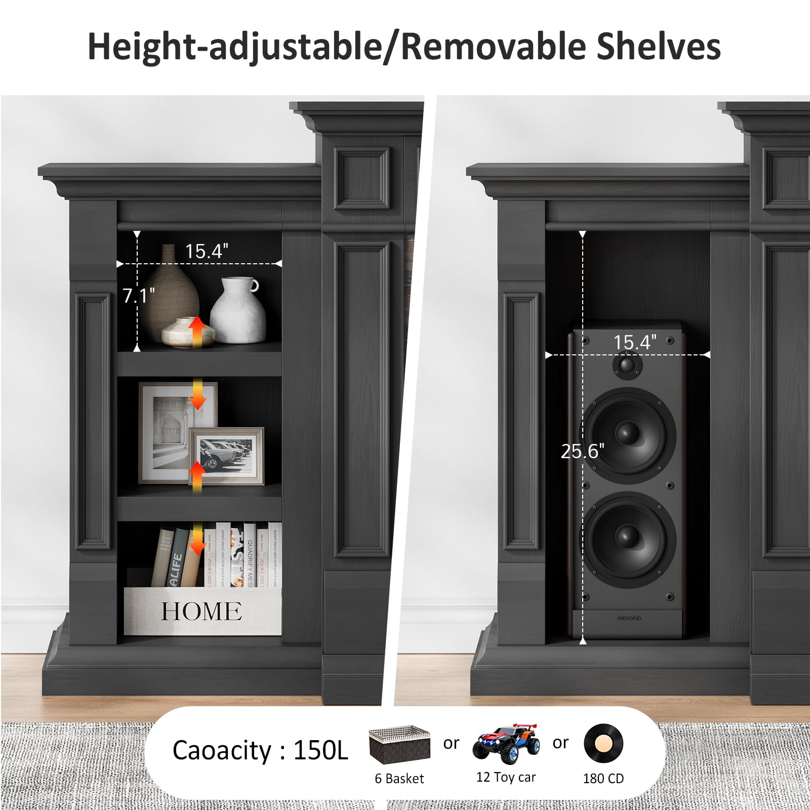 Naice 72" Electric Fireplace with Mantel and Cabinets, Fireplace TV Stand for Living Room Bedroom, Stacked Stone Surround and Remote Control 3D Realistic Flame, Black