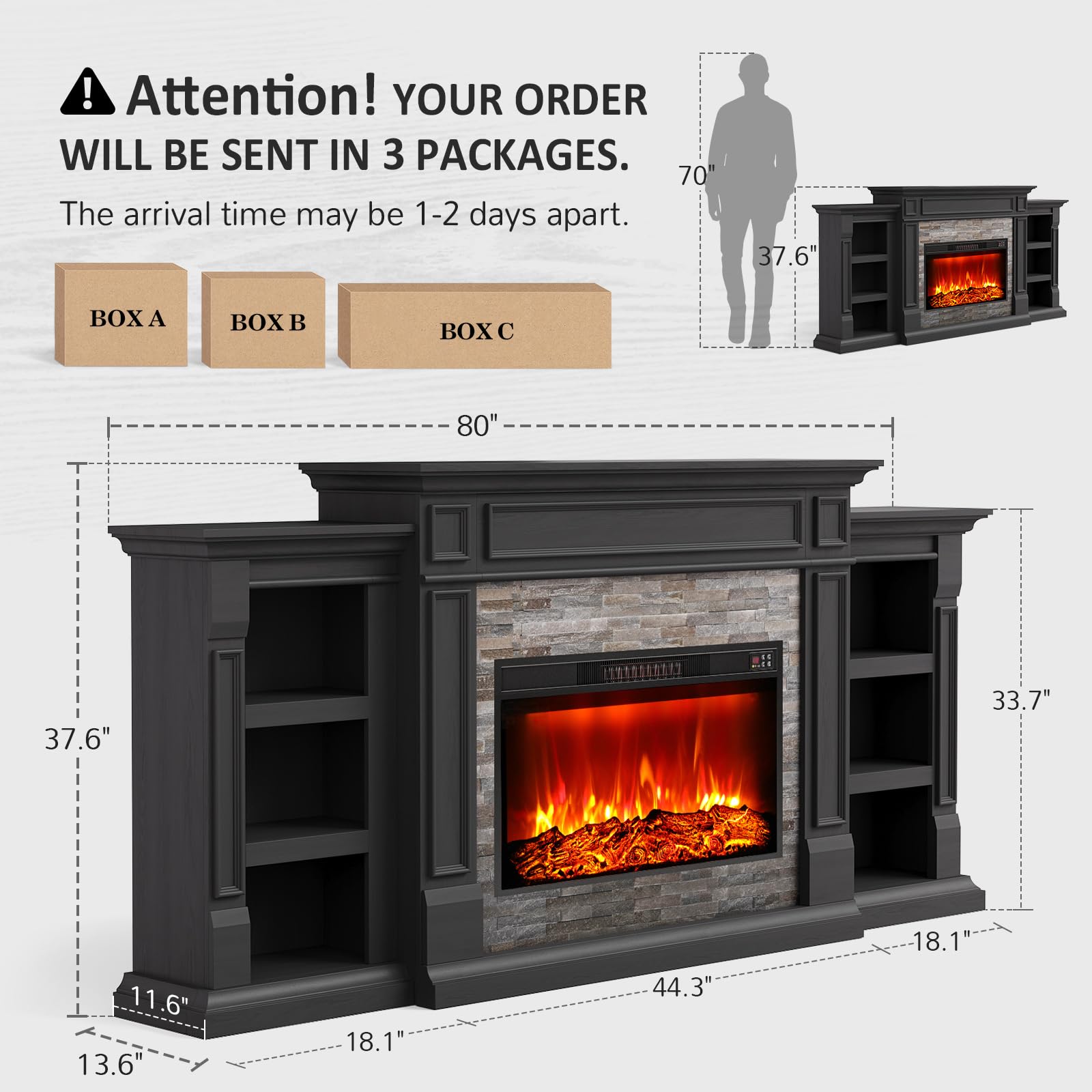 Naice 72" Electric Fireplace with Mantel and Cabinets, Fireplace TV Stand for Living Room Bedroom, Stacked Stone Surround and Remote Control 3D Realistic Flame, Black