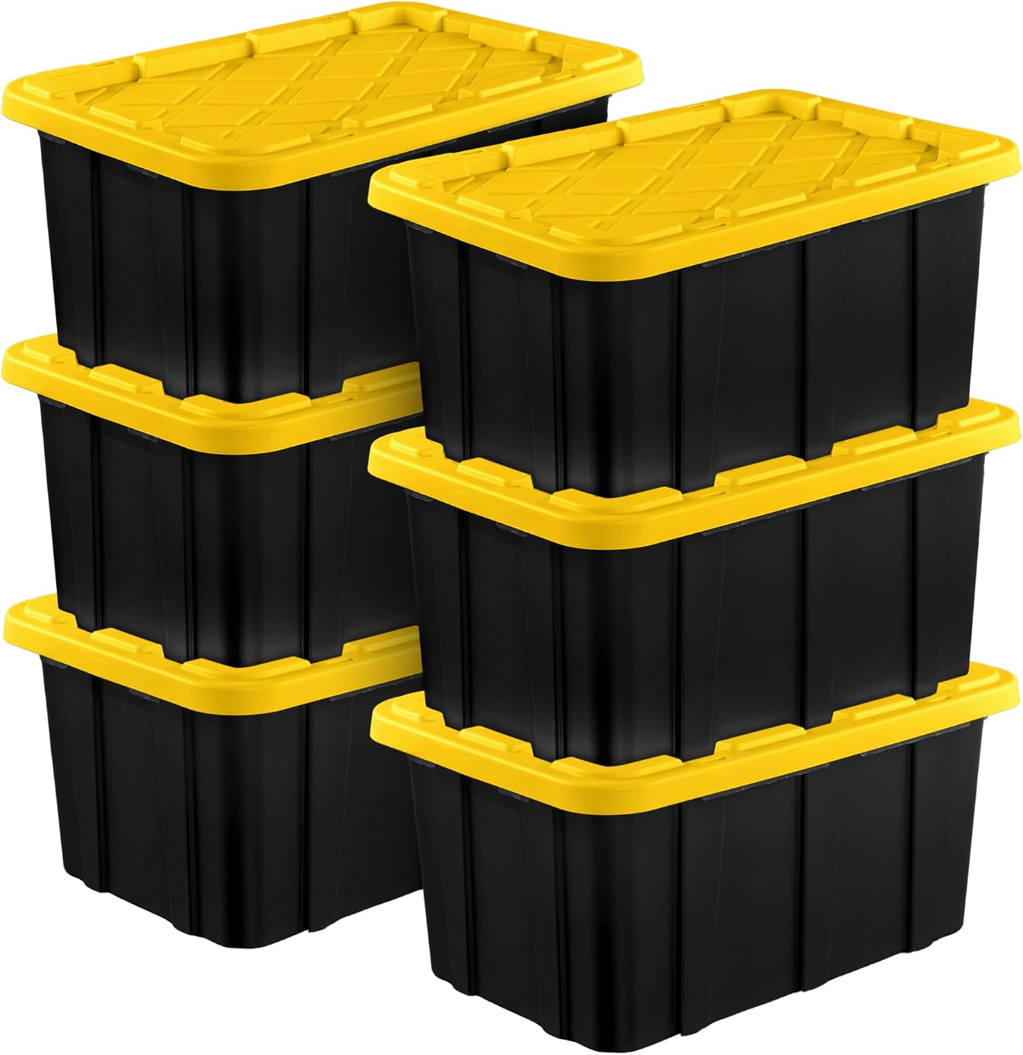 Sterilite Industrial Storage Tote with Lids for Garage, 27 Gallon, 4-Pack | Heavy-Duty and Stackable Utility Box Containers for Home, Office, and Basement Organization, Black/Yellow