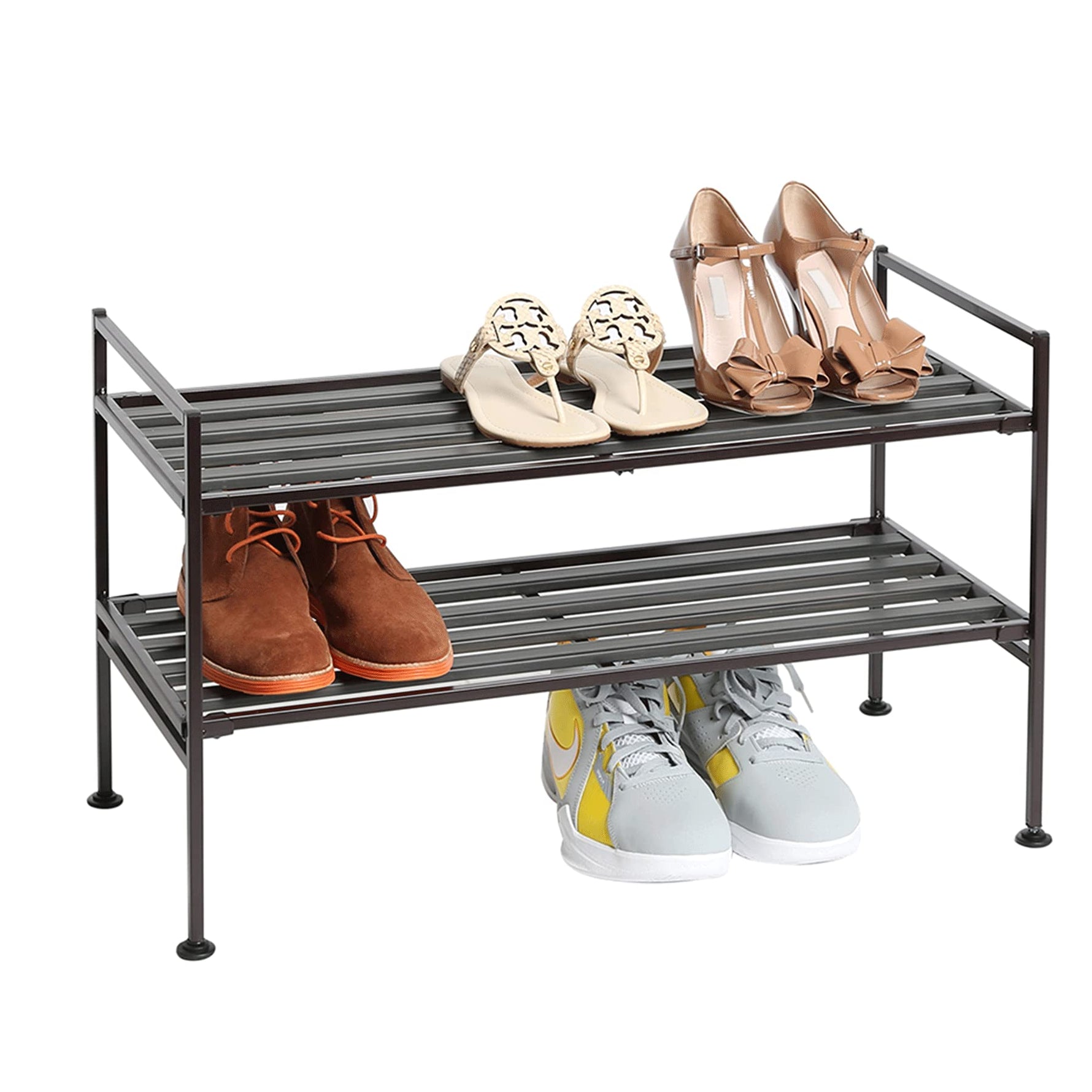 3-Tier Stackable 1" Slat Steel Frame Shoe Rack, 27.25"W x 12.75"D, Espresso | Interlocking modular design maximizes storage while the sturdy steel frame holds up to 12 pairs of shoes (Patented Design)