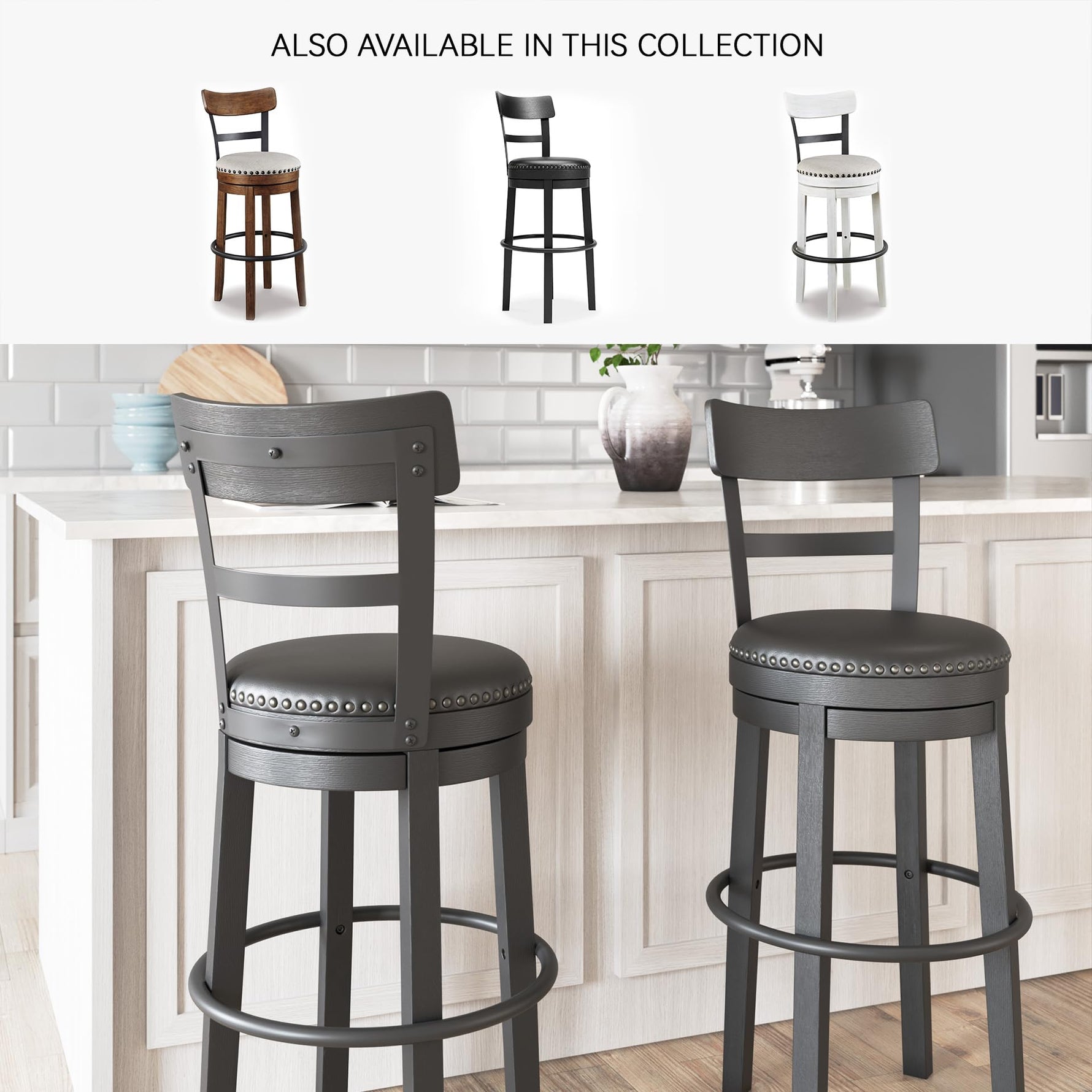Signature Design by Ashley Valebeck Upholstered Swivel Stool, Cushioned Seat, Woven Fabric Upholstery, Wood, 24" H, Brown & Black