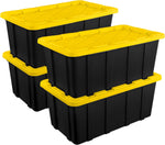 Sterilite Industrial Storage Tote with Lids for Garage, 27 Gallon, 4-Pack | Heavy-Duty and Stackable Utility Box Containers for Home, Office, and Basement Organization, Black/Yellow