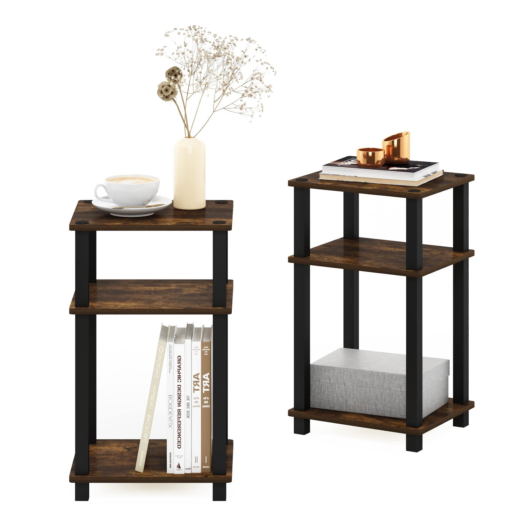 Furinno JUST Side Table, 3-Tier End Table, Open Shelves Night Stand, Bedside Table, Toolless Assembly, for Living Room, Bedroom, Bathroom, Columbia Walnut