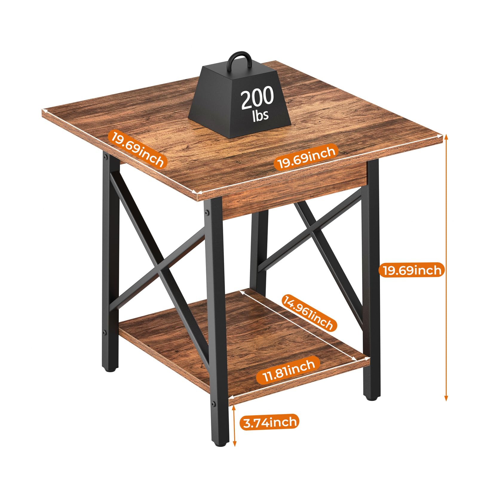 GreenForest End Table 24 inch for Living Room, Large Square Side Tables with X-Frame, Tall Industrial Bedside Nightstand with 2-Tier Storage, Rustic Walnut
