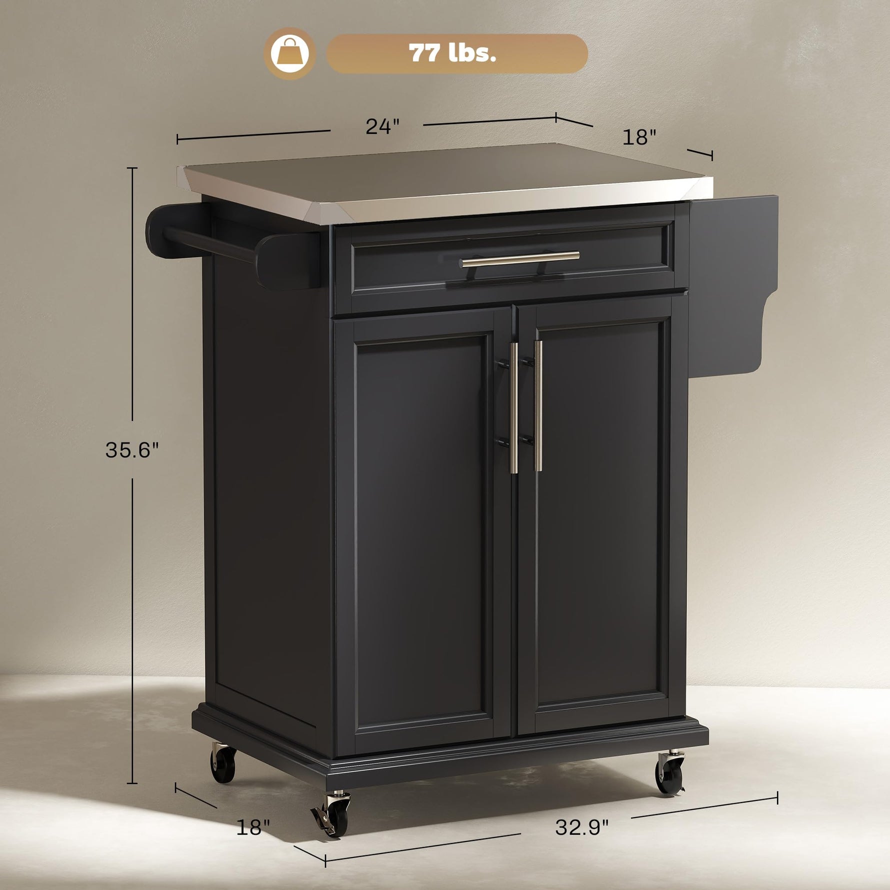 HOMCOM Kitchen Island on Wheels, Rolling Kitchen Cart with Stainless Steel Countertop, Drawer, Towel Rack and Spice Rack, Utility Storage Trolley, Black