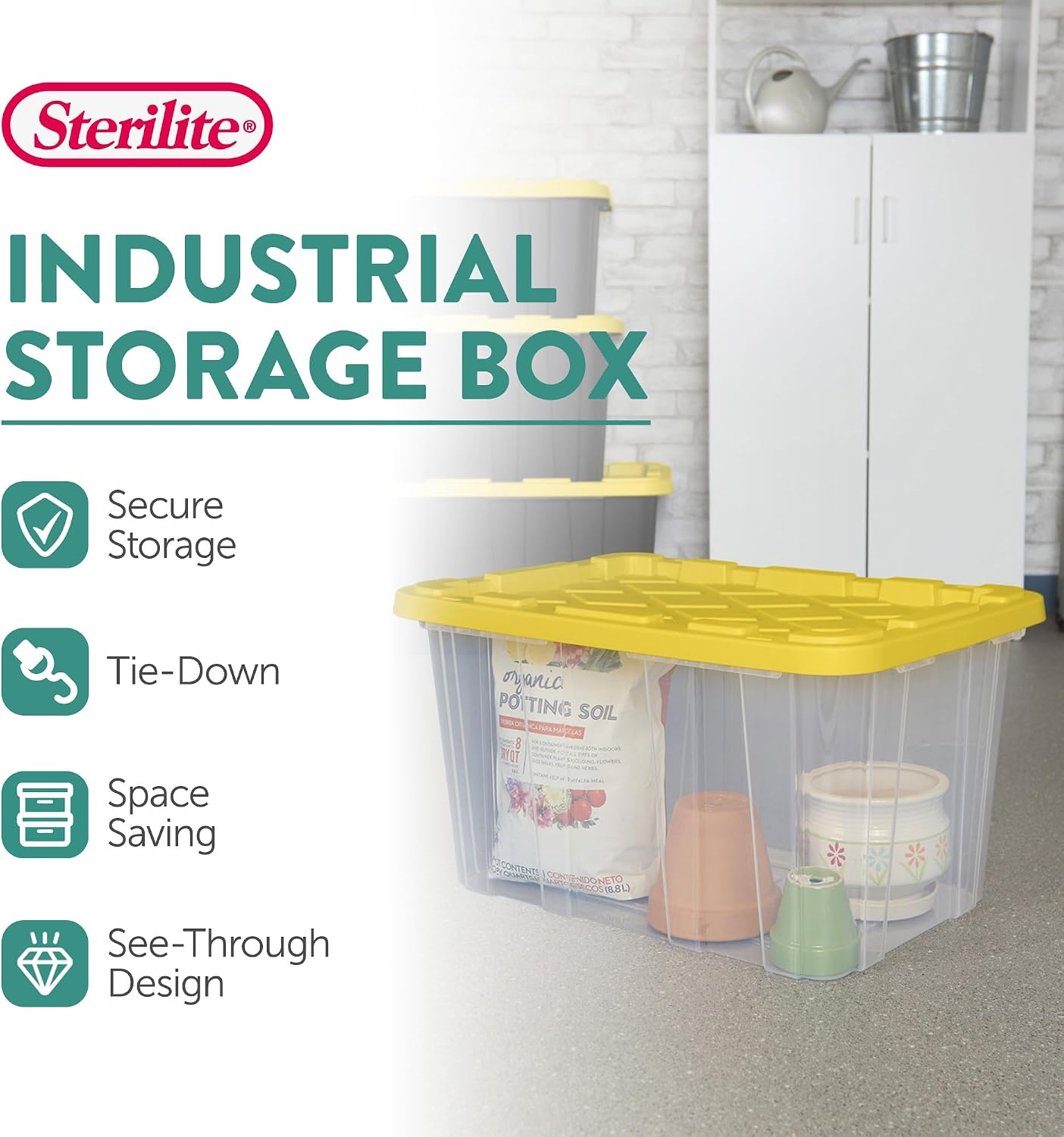 Sterilite Industrial Storage Tote with Lids for Garage, 27 Gallon, 4-Pack | Heavy-Duty and Stackable Utility Box Containers for Home, Office, and Basement Organization, Black/Yellow