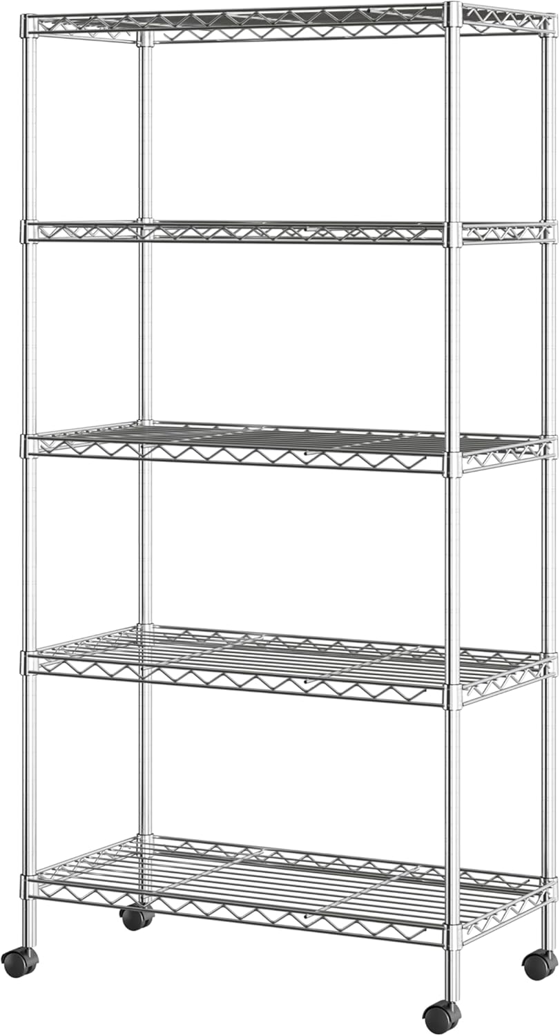 5-Tier Steel Wire Shelving, 30"W x 14"D x 61.5"H | Durable solid steel wire storage rack with adjustable shelves featuring 300 pounds per shelf weight capacity for home use