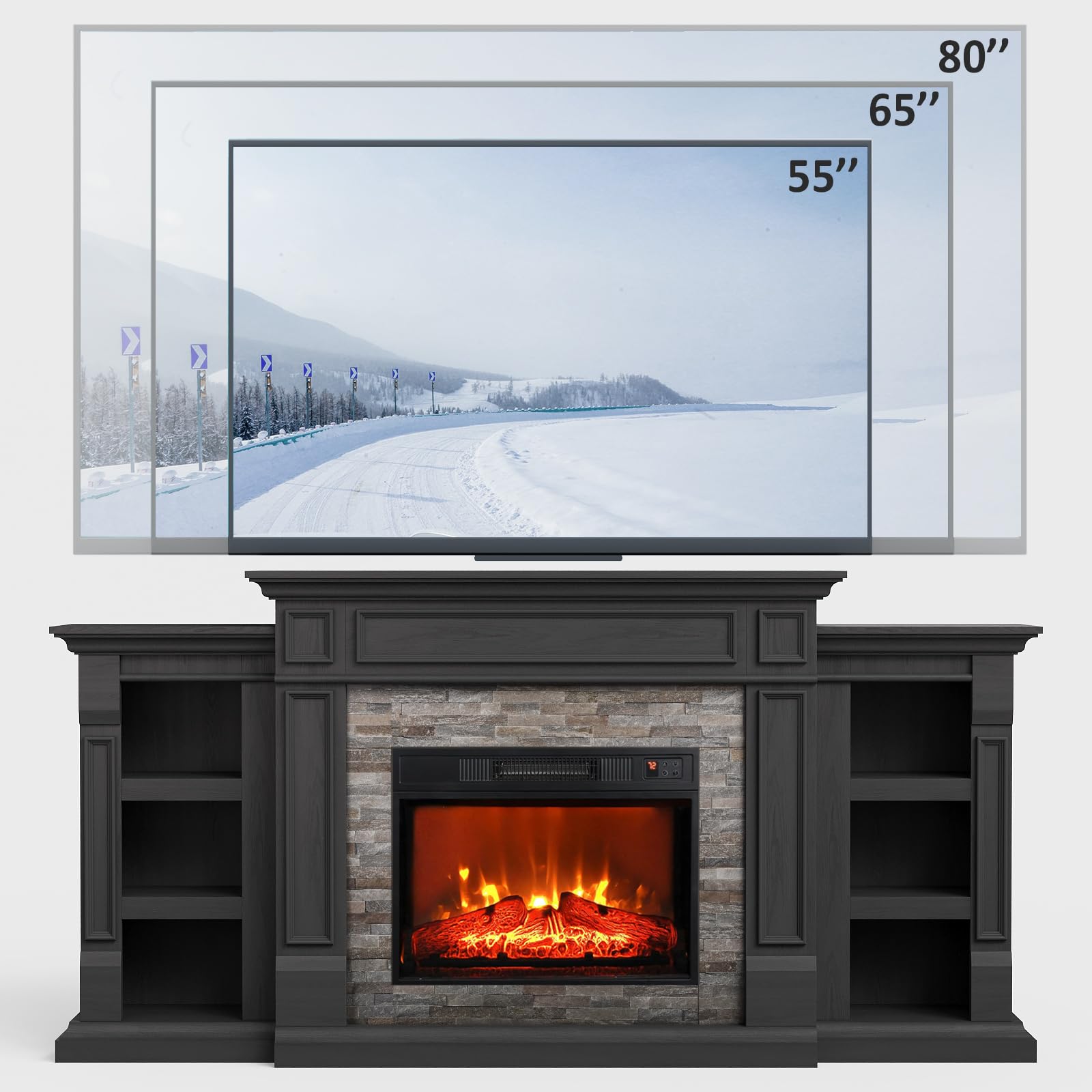 Naice 72" Electric Fireplace with Mantel and Cabinets, Fireplace TV Stand for Living Room Bedroom, Stacked Stone Surround and Remote Control 3D Realistic Flame, Black
