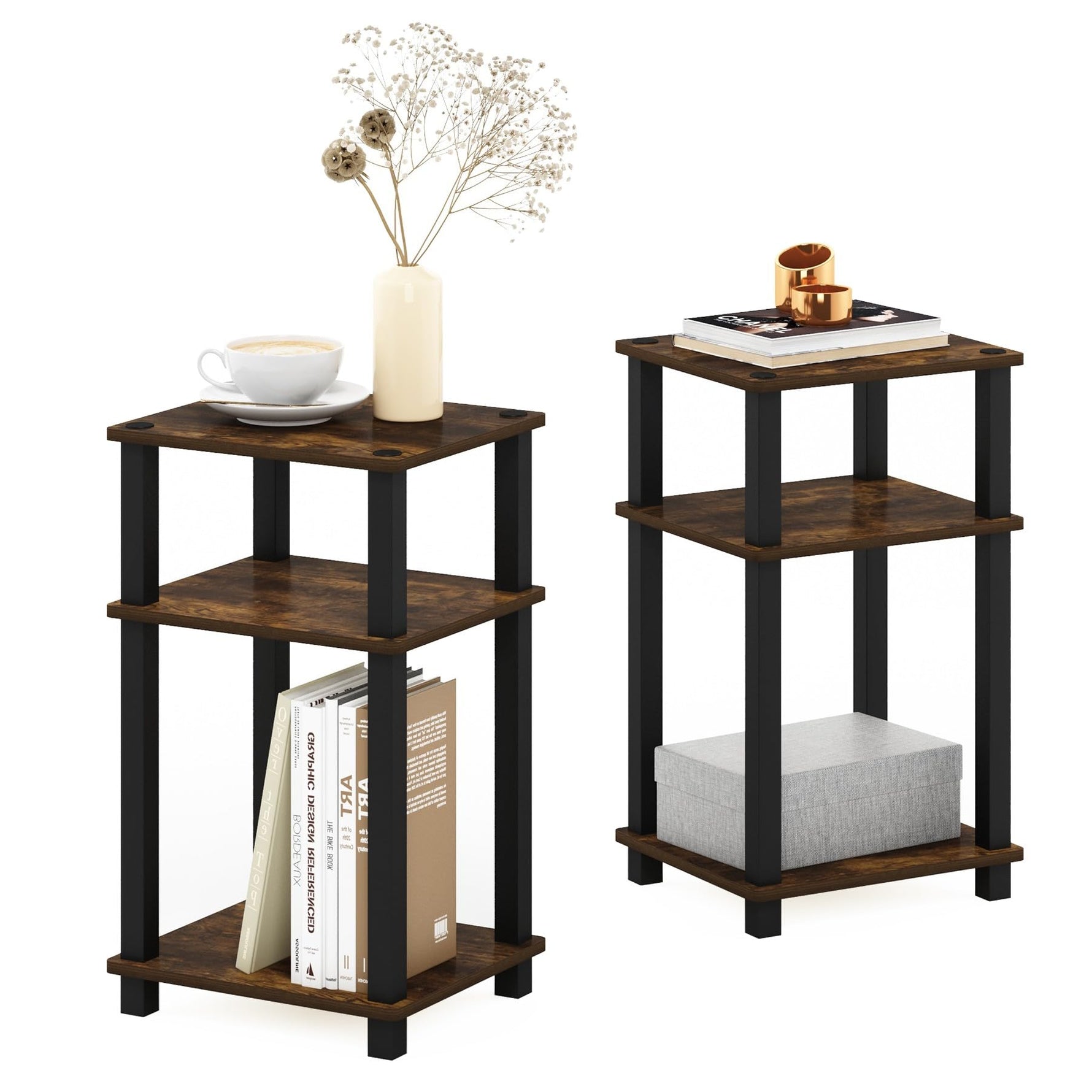 Furinno JUST Side Table, 3-Tier End Table, Open Shelves Night Stand, Bedside Table, Toolless Assembly, for Living Room, Bedroom, Bathroom, Columbia Walnut