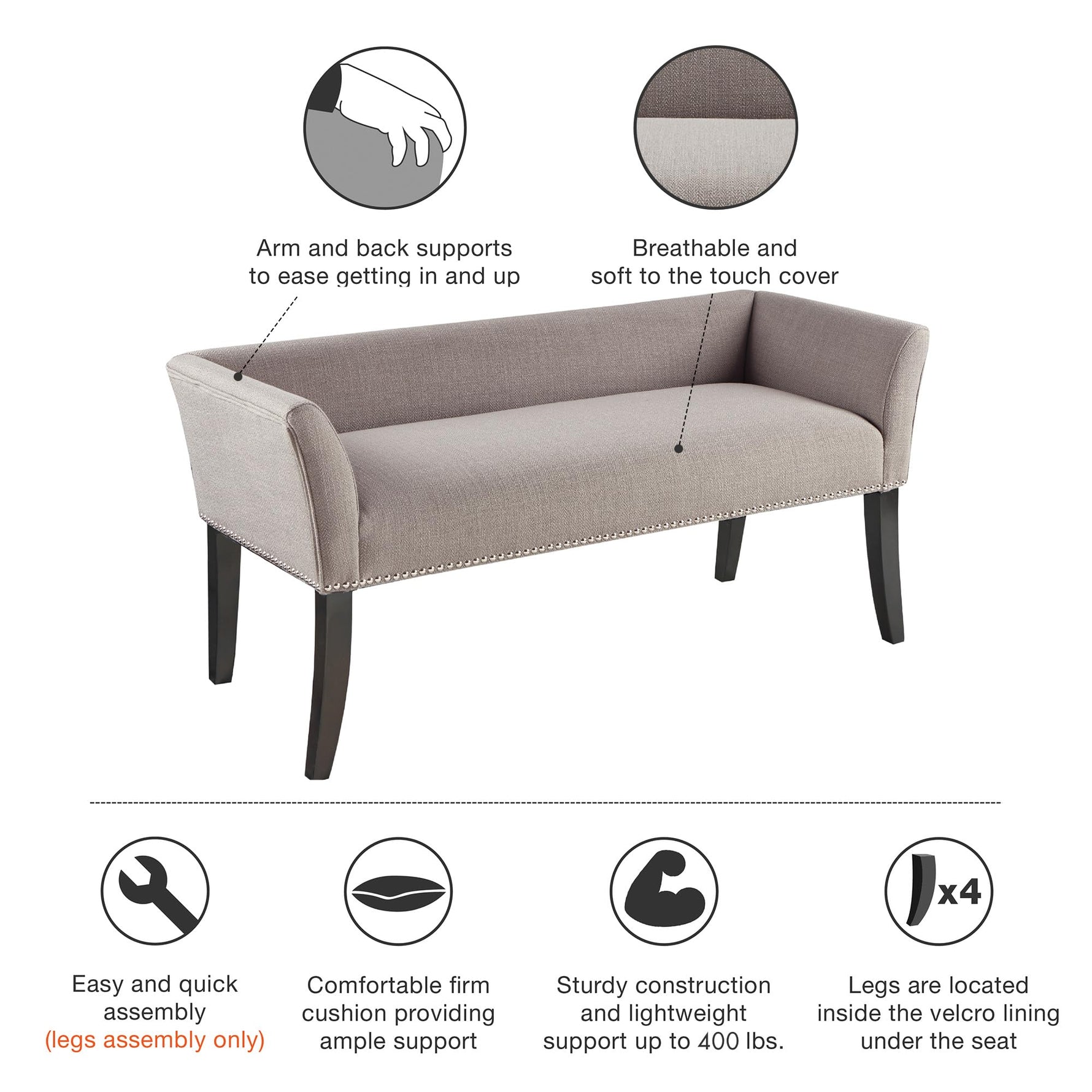 Madison Park Accent Bench, Upholstered with Nailhead Trim, & Padded Seat Entryway Bench Small, End of Bed Bench with Back, 49.5" W x 19.25" D x 23" H, Grey