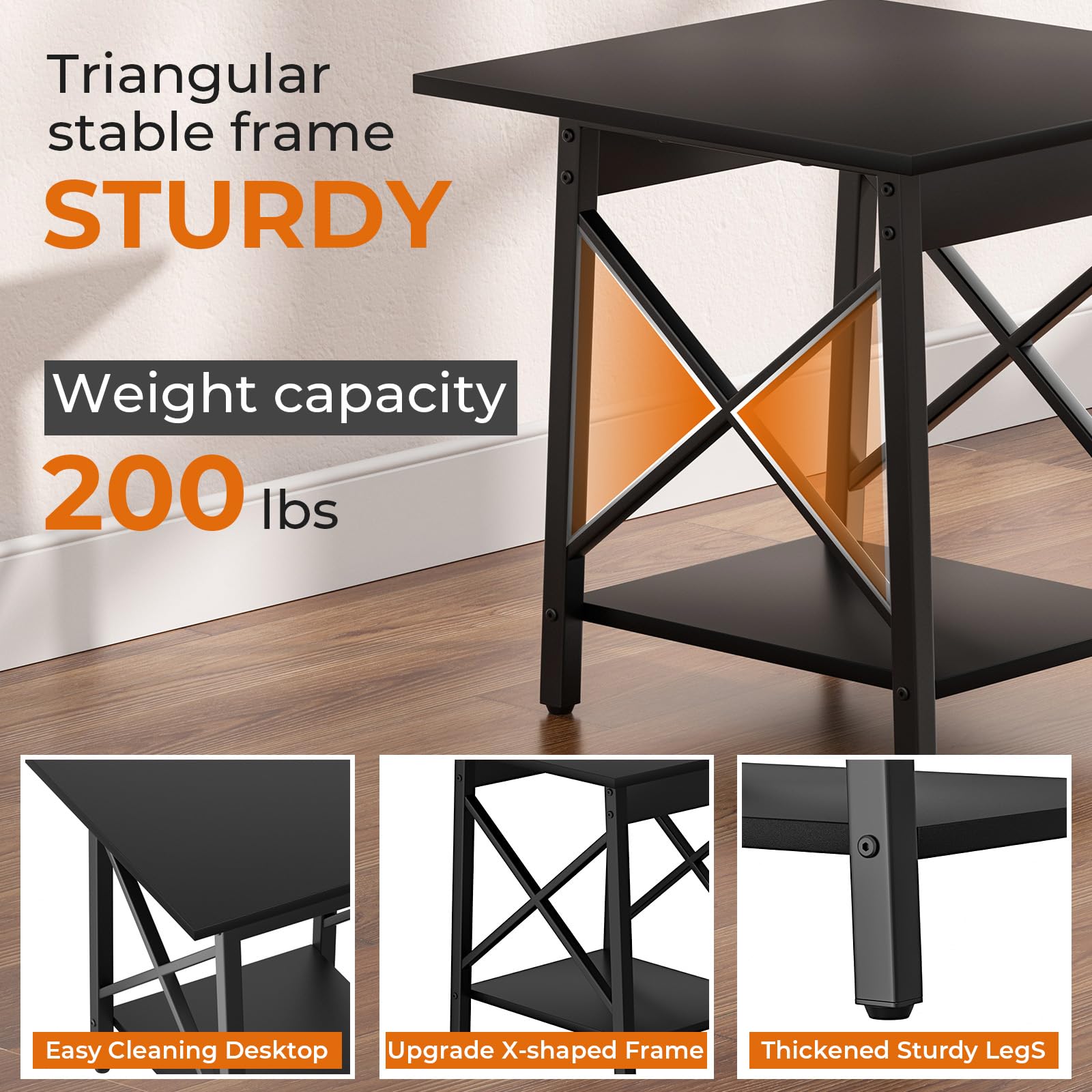 GreenForest End Table 24 inch for Living Room, Large Square Side Tables with X-Frame, Tall Industrial Bedside Nightstand with 2-Tier Storage, Rustic Walnut