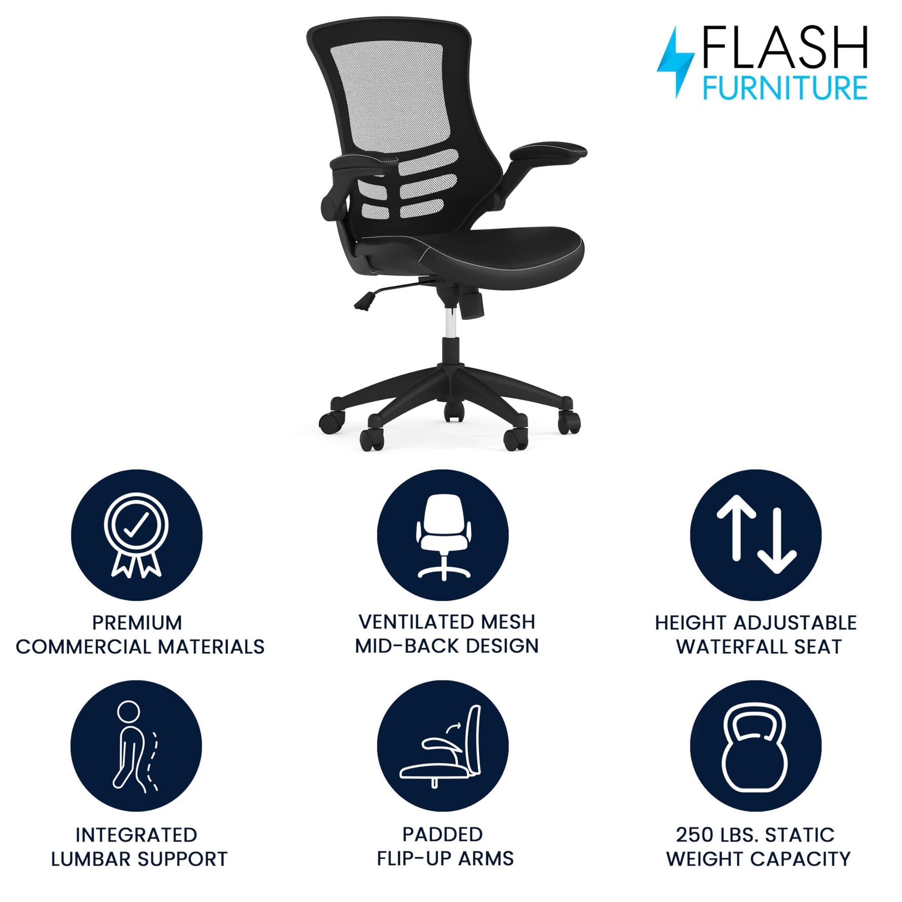 Flash Furniture Kelista Mid-Back Swivel Office Chair with Adjustable Seat Height, Ergonomic Mesh Desk Chair with Flip-Up Armrests, Black