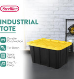 Sterilite Industrial Storage Tote with Lids for Garage, 27 Gallon, 4-Pack | Heavy-Duty and Stackable Utility Box Containers for Home, Office, and Basement Organization, Black/Yellow